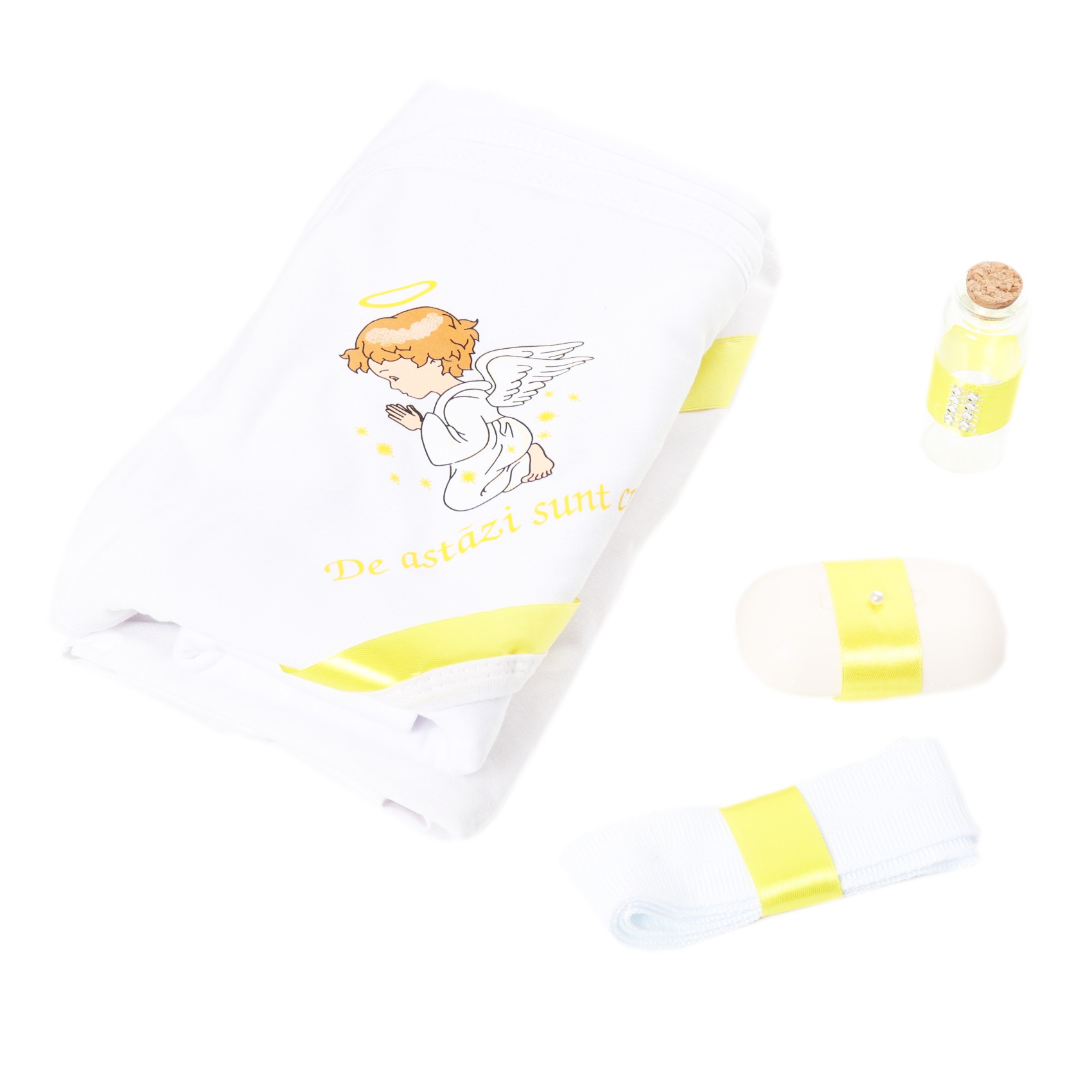 Set trusou si lumanare cu ingeras pentru botez, alb-galben, 7 piese, Recostore, REC1749