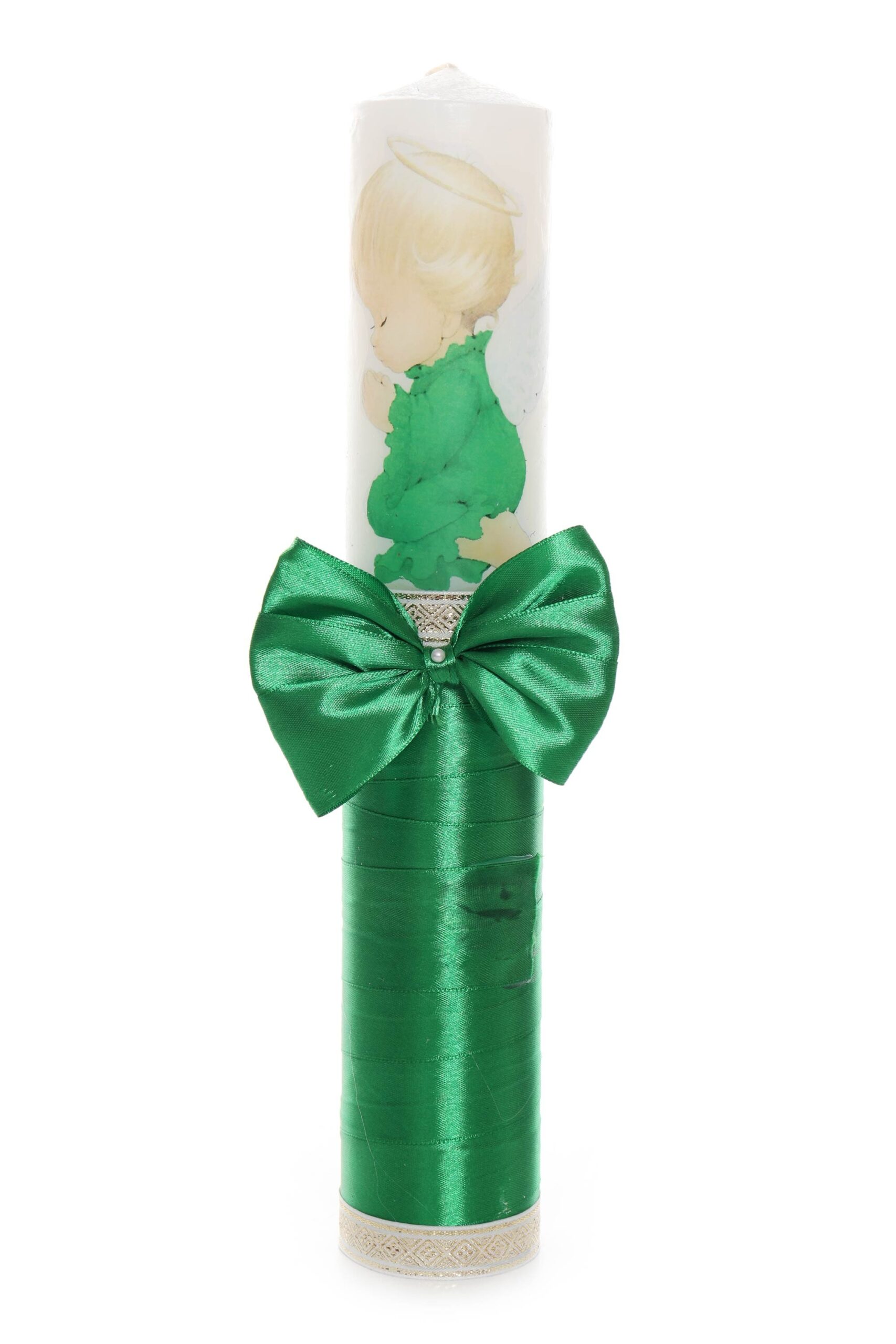 Set trusou si lumanare cu ingeras pentru botez, alb-verde, 7 piese, Recostore, REC1751