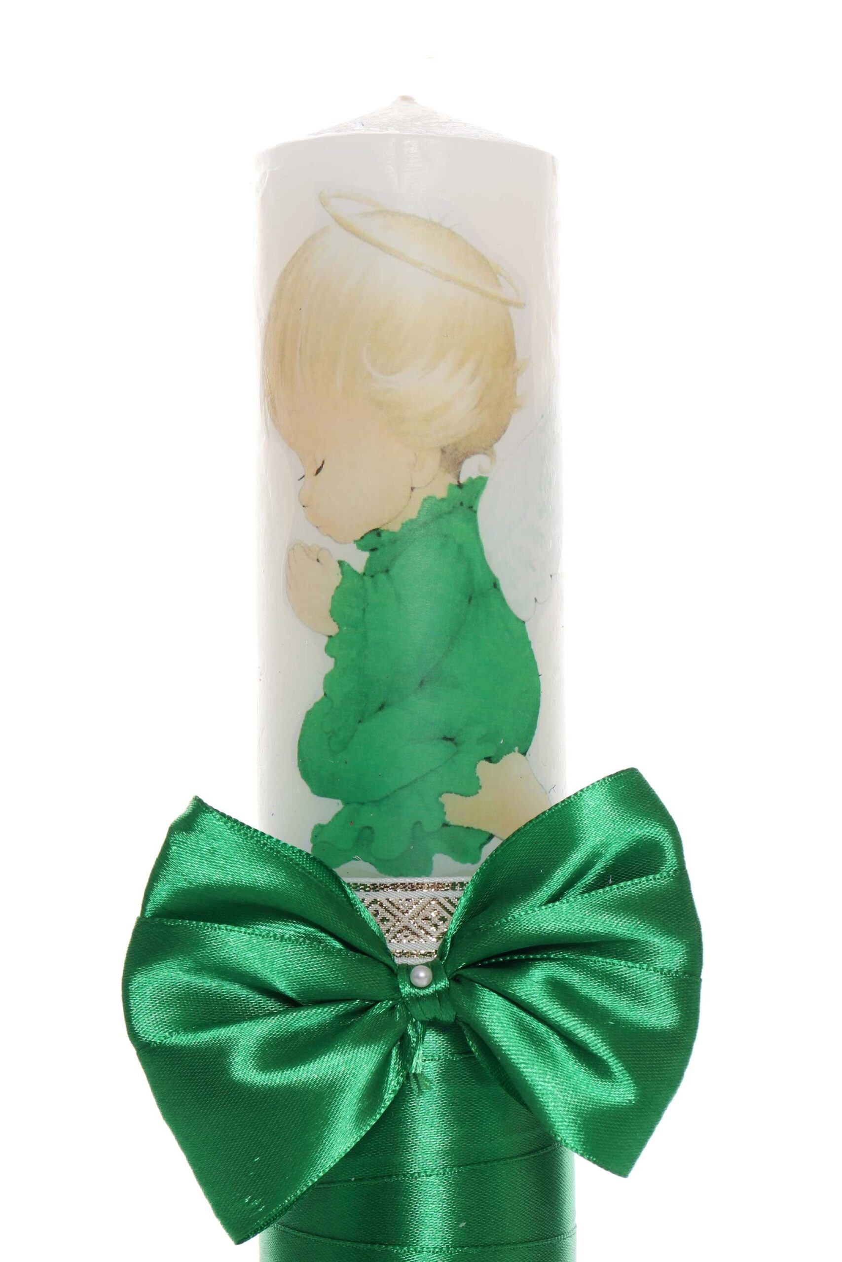 Set trusou si lumanare cu ingeras pentru botez, alb-verde, 7 piese, Recostore, REC1751