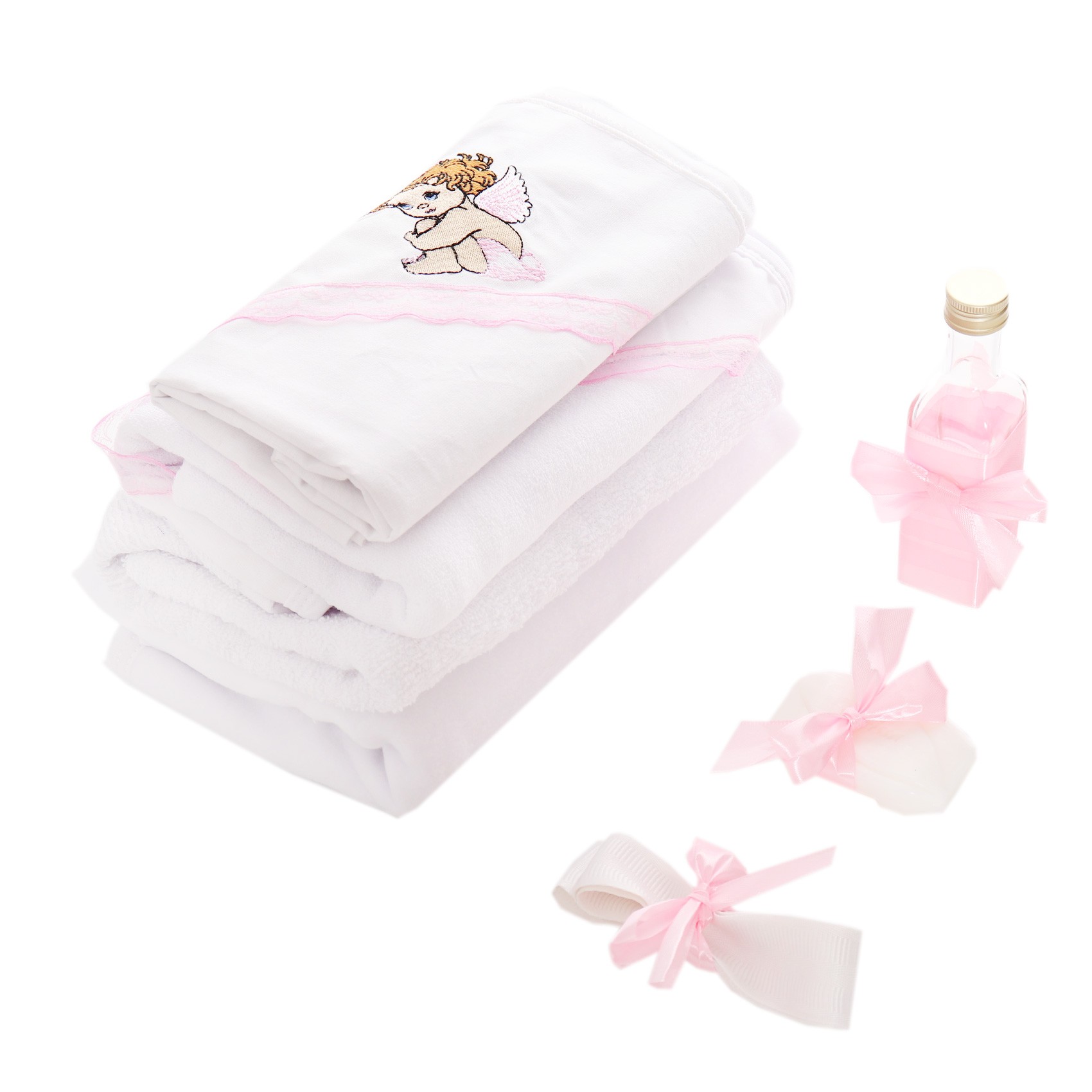Trusou botez brodat cu ingeras, alb-roz, 7 piese, Recostore, REC1759