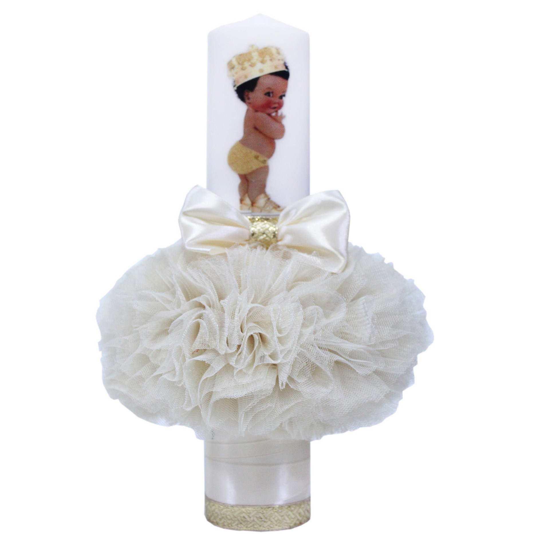 Set trusou si lumanare pentru botez de baieti, ivoire, coroana de print si , 8 piese, Recostore, REC1815