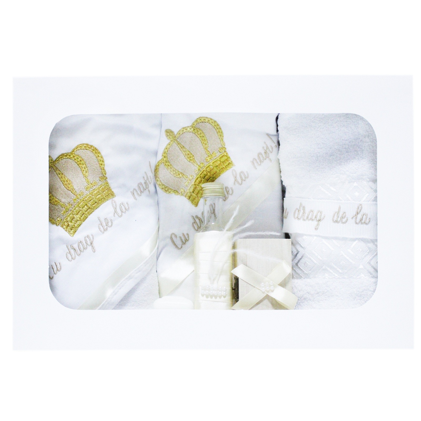 Set trusou si lumanare pentru botez de baieti, ivoire, coroana de print si , 8 piese, Recostore, REC1815