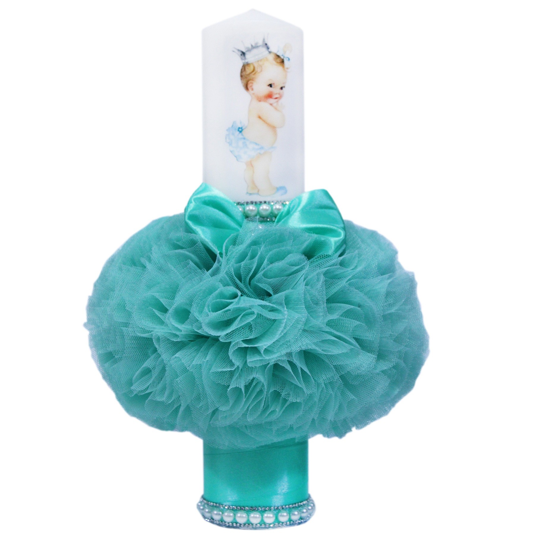 Set trusou si lumanare pentru botez de fete, bebe printesa si verde menta, 8 piese, Recostore, REC1817