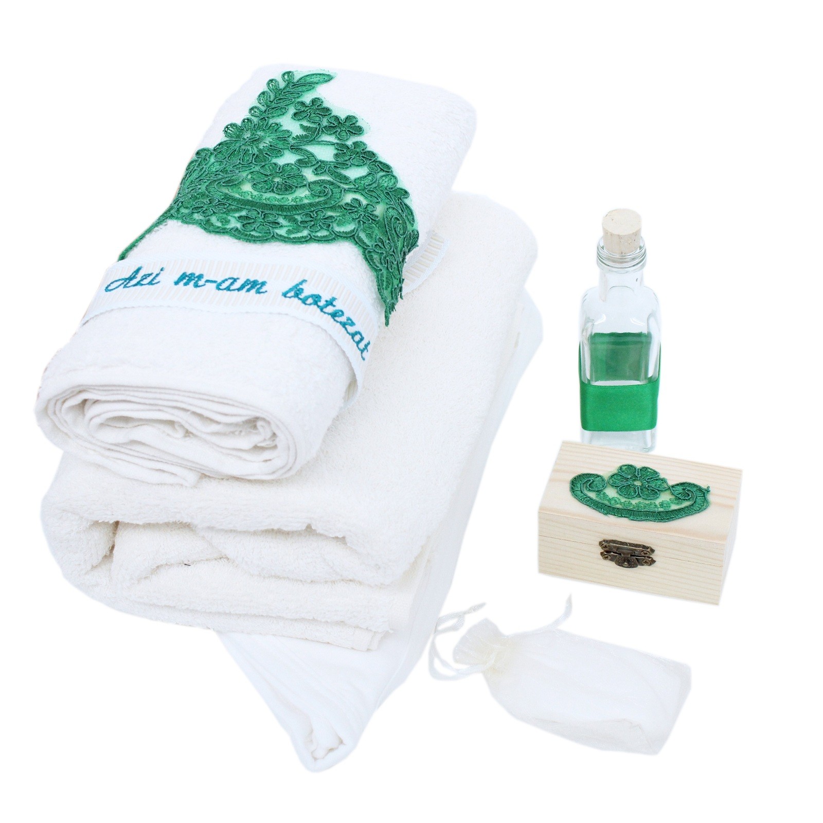 Set trusou si lumanare pentru botez de fete, bebe printesa si verde menta, 8 piese, Recostore, REC1817