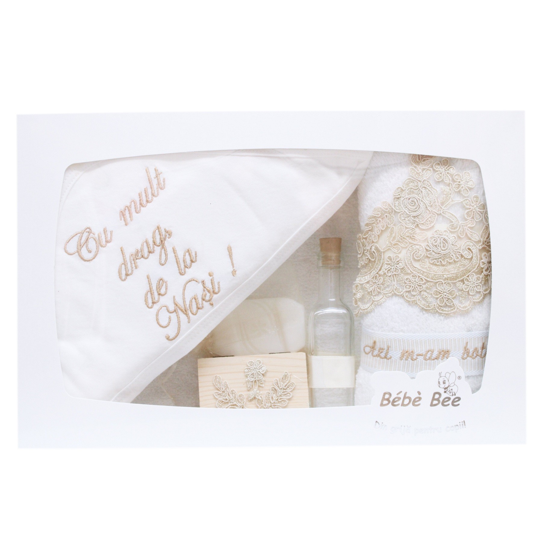 Set trusou si lumanare pentru botez, "Cu mult drag de la nasi", ivoire, 8 piese, Recostore, REC1823
