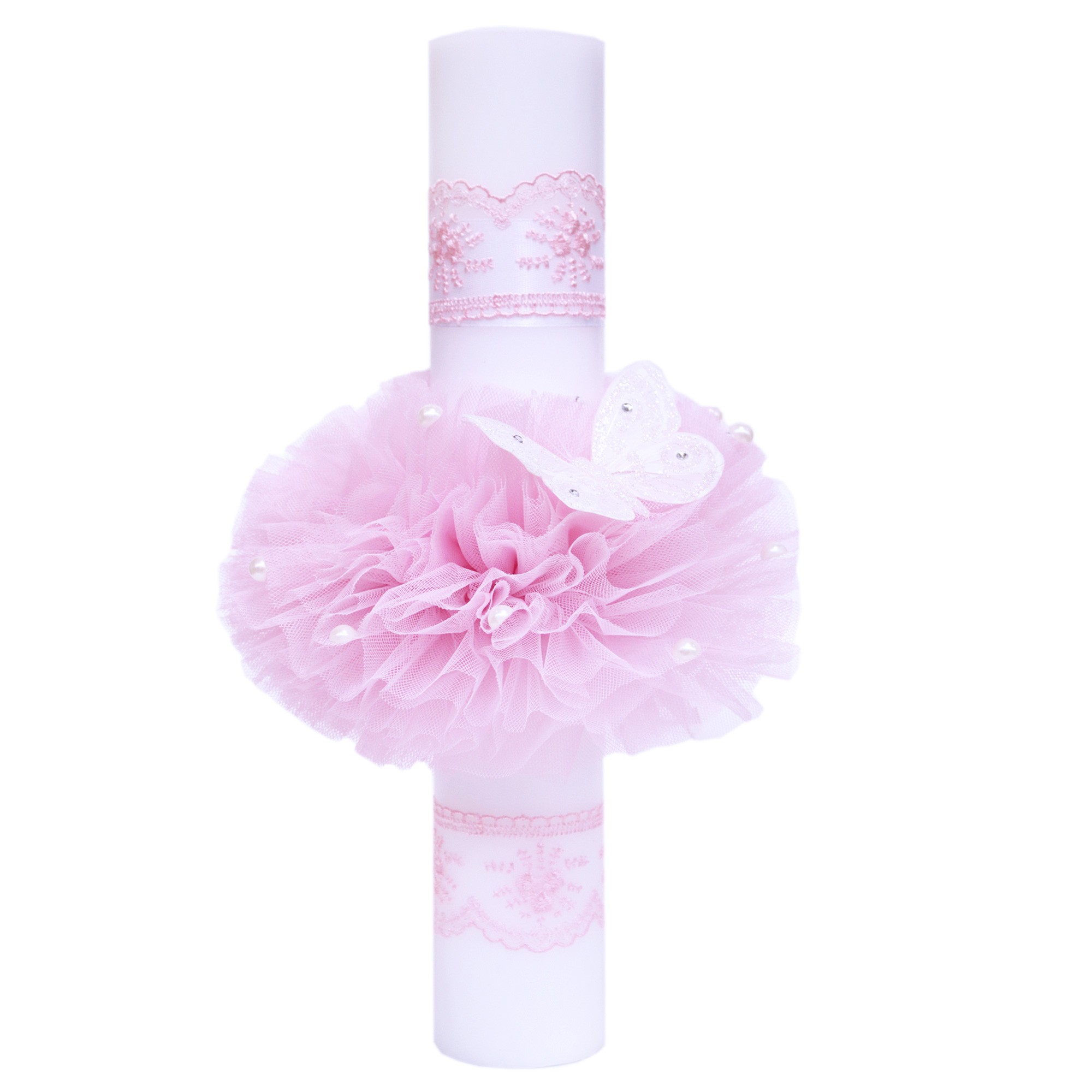 Set trusou si lumanare pentru botez de fete, ingeras brodat, roz, 8 piese, Recostore, REC1836