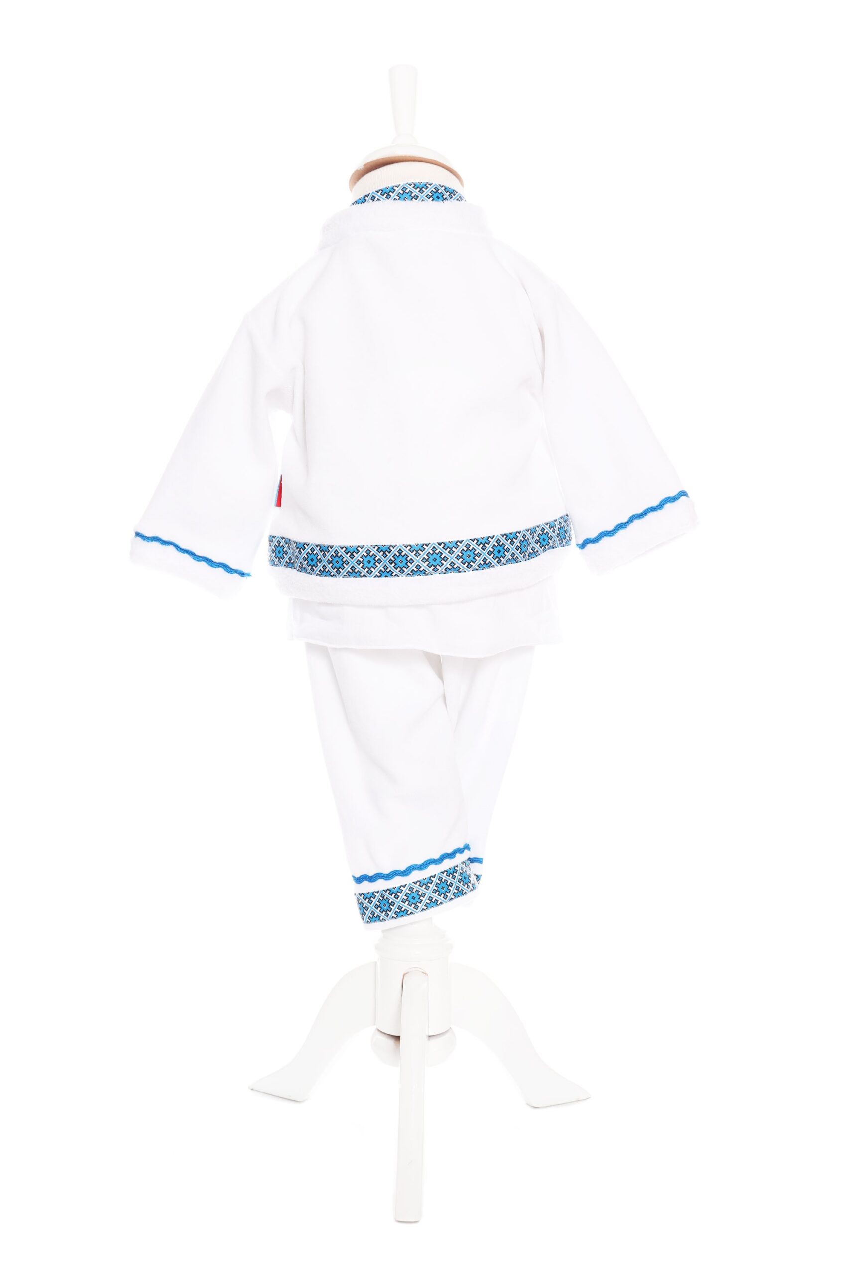 Costum popular alb-albastru, 4 piese, haina groasa, camasa, pantaloni, caciulita pentru baieti, REC1845 - imagine 4
