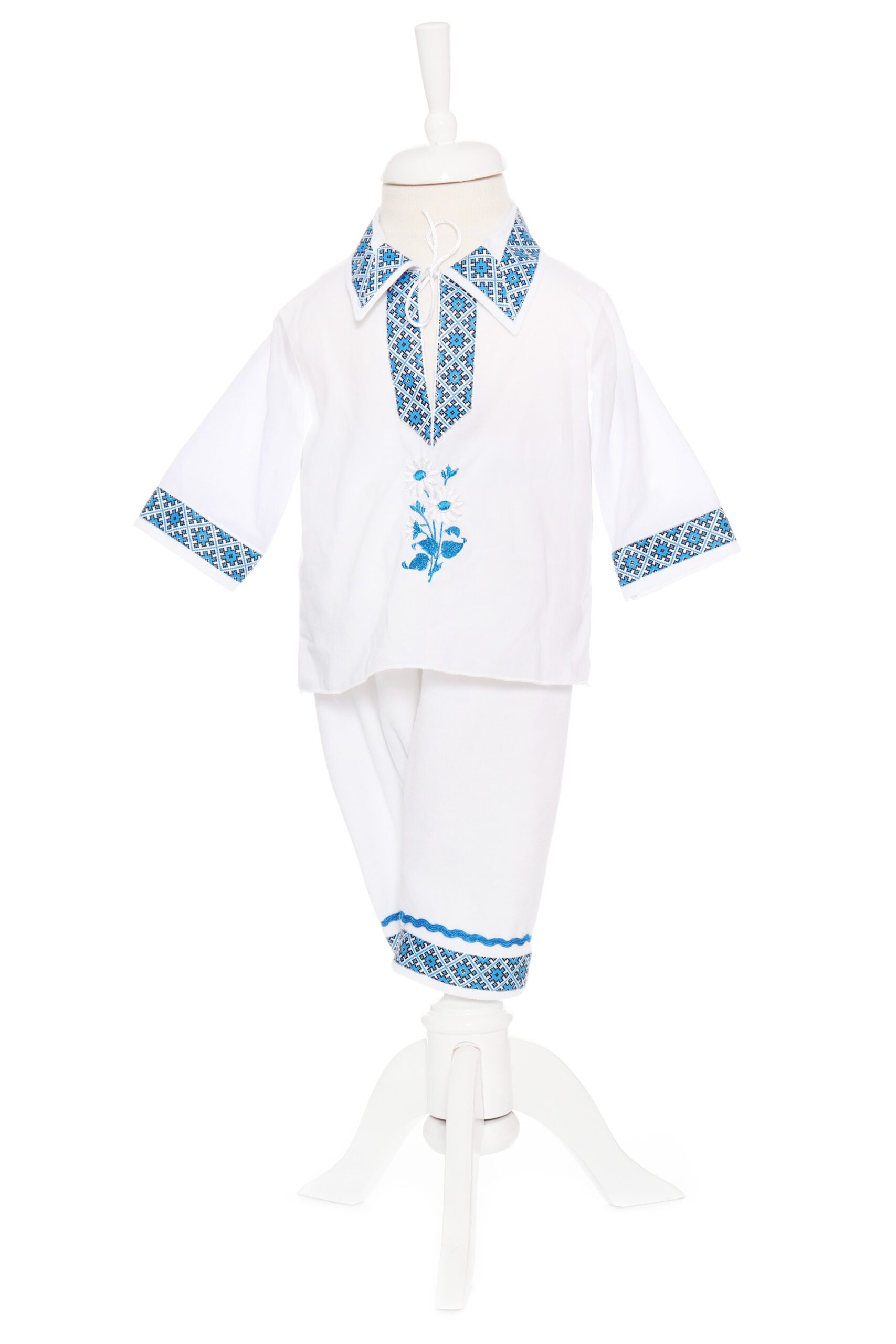 Costum popular alb-albastru, 4 piese, haina groasa, camasa, pantaloni, caciulita pentru baieti, REC1845 - imagine 5