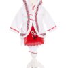Costum popular alb-rosu, 6 piese, haina groasa cu gluga, rochie, pantaloni, fota, batic, botosei pentru fete, REC1846