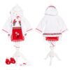 Costum popular alb-rosu, 6 piese, haina groasa cu gluga, rochie, pantaloni, fota, batic, botosei pentru fete, REC1846