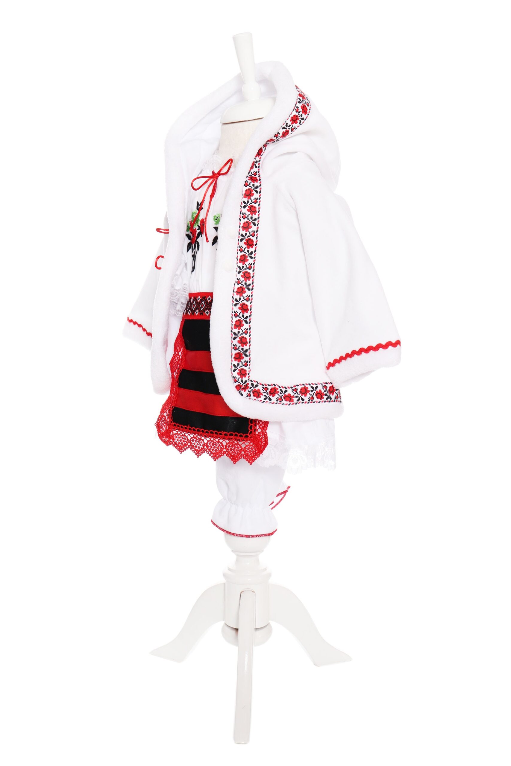 Costum popular alb-rosu, 6 piese, haina groasa cu gluga, rochie, pantaloni, fota, batic, botosei pentru fete, REC1847 - imagine 2