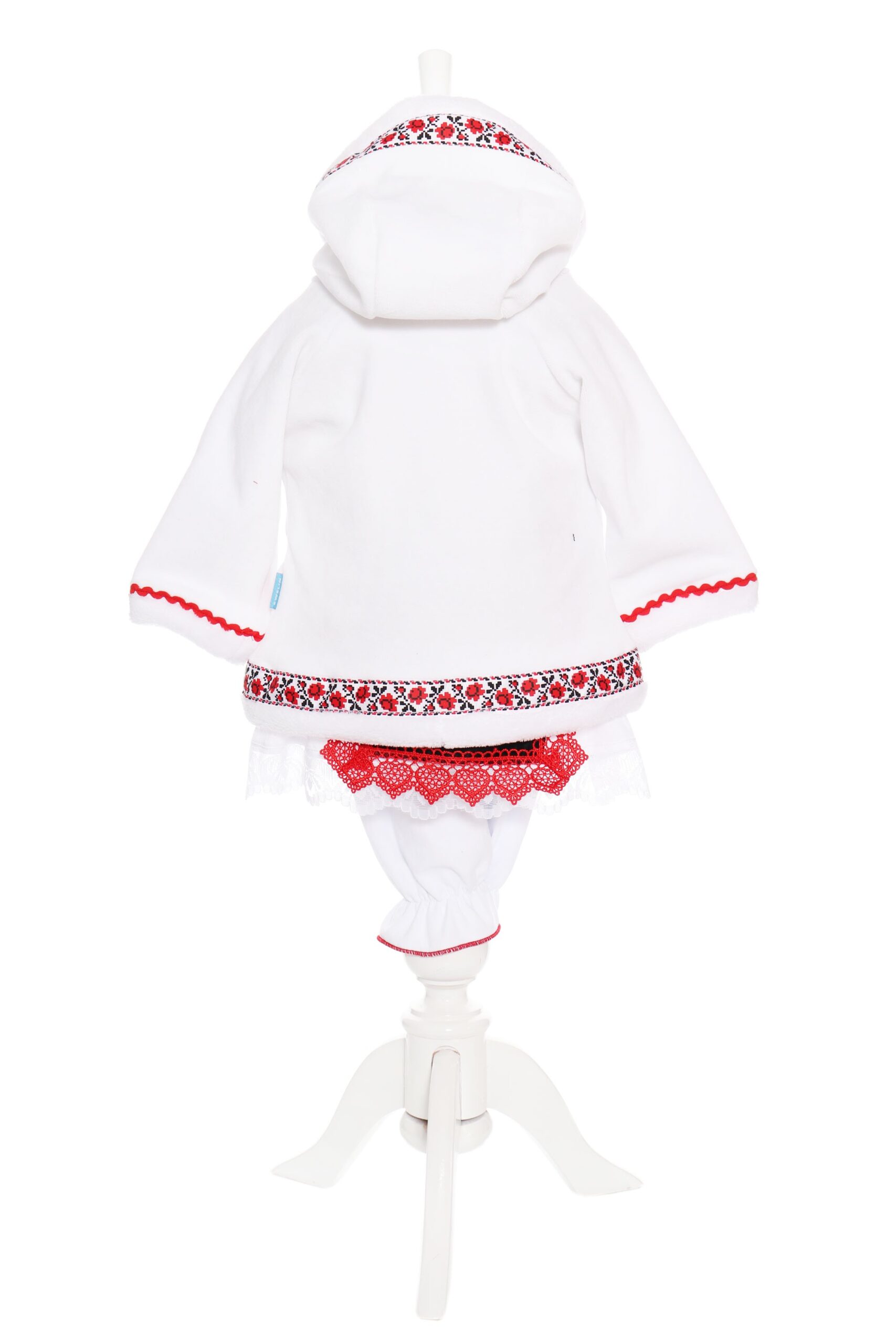 Costum popular alb-rosu, 6 piese, haina groasa cu gluga, rochie, pantaloni, fota, batic, botosei pentru fete, REC1847 - imagine 3