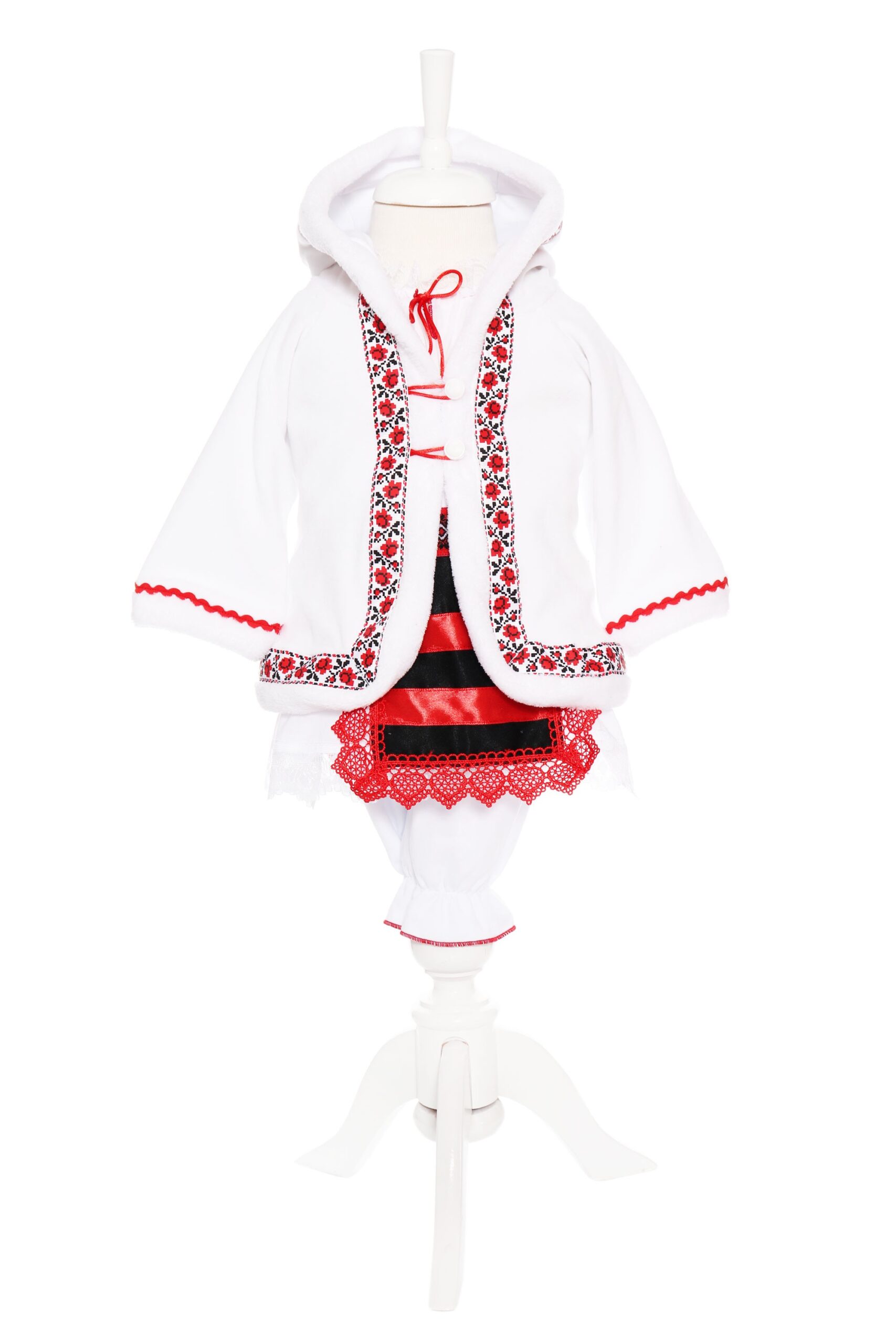 Costum popular alb-rosu, 6 piese, haina groasa cu gluga, rochie, pantaloni, fota, batic, botosei pentru fete, REC1847 - imagine 4