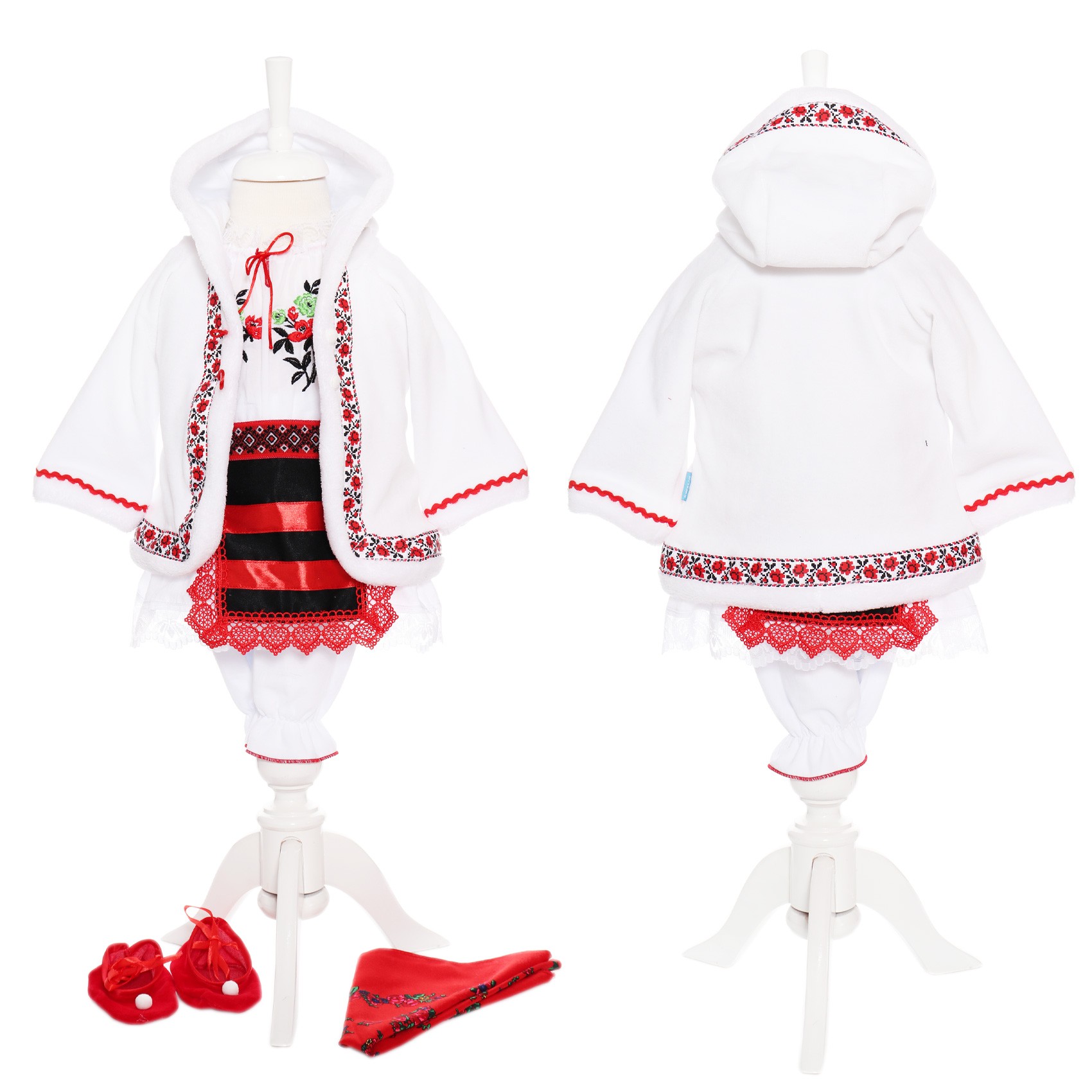 Costum popular alb-rosu, 6 piese, haina groasa cu gluga, rochie, pantaloni, fota, batic, botosei pentru fete, REC1847 - imagine 5