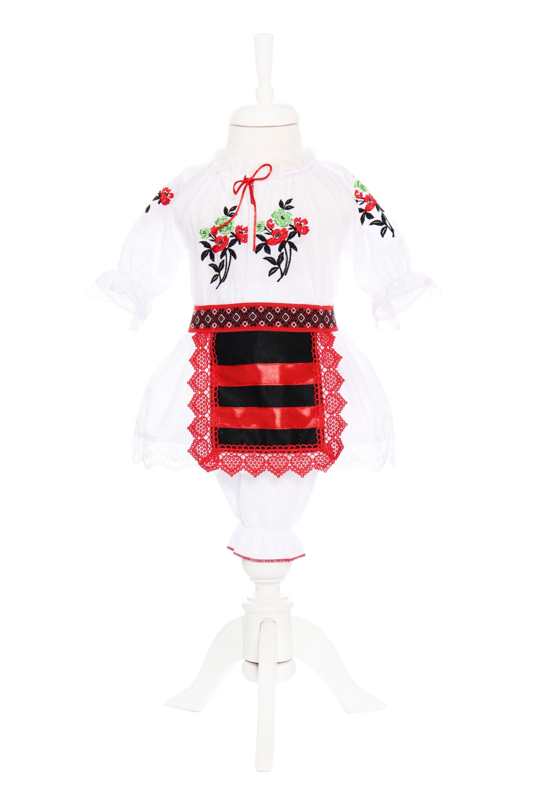 Costum popular alb-rosu, 6 piese, haina groasa cu gluga, rochie, pantaloni, fota, batic, botosei pentru fete, REC1847 - imagine 6