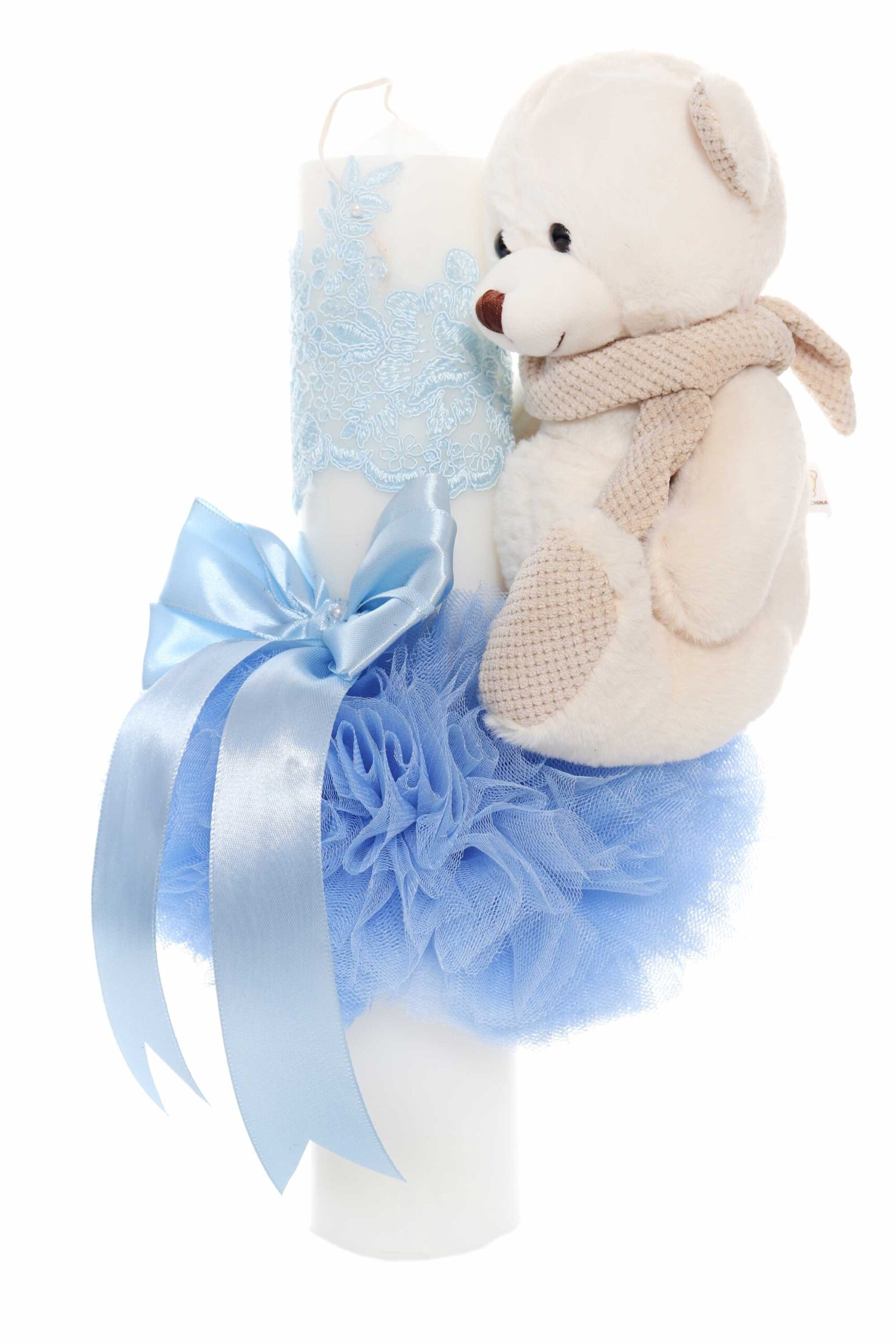 Lumanare botez cu tulle bleu tip glob si cu ursulet de plus atasat, 35x7 cm, Recostore, REC1860