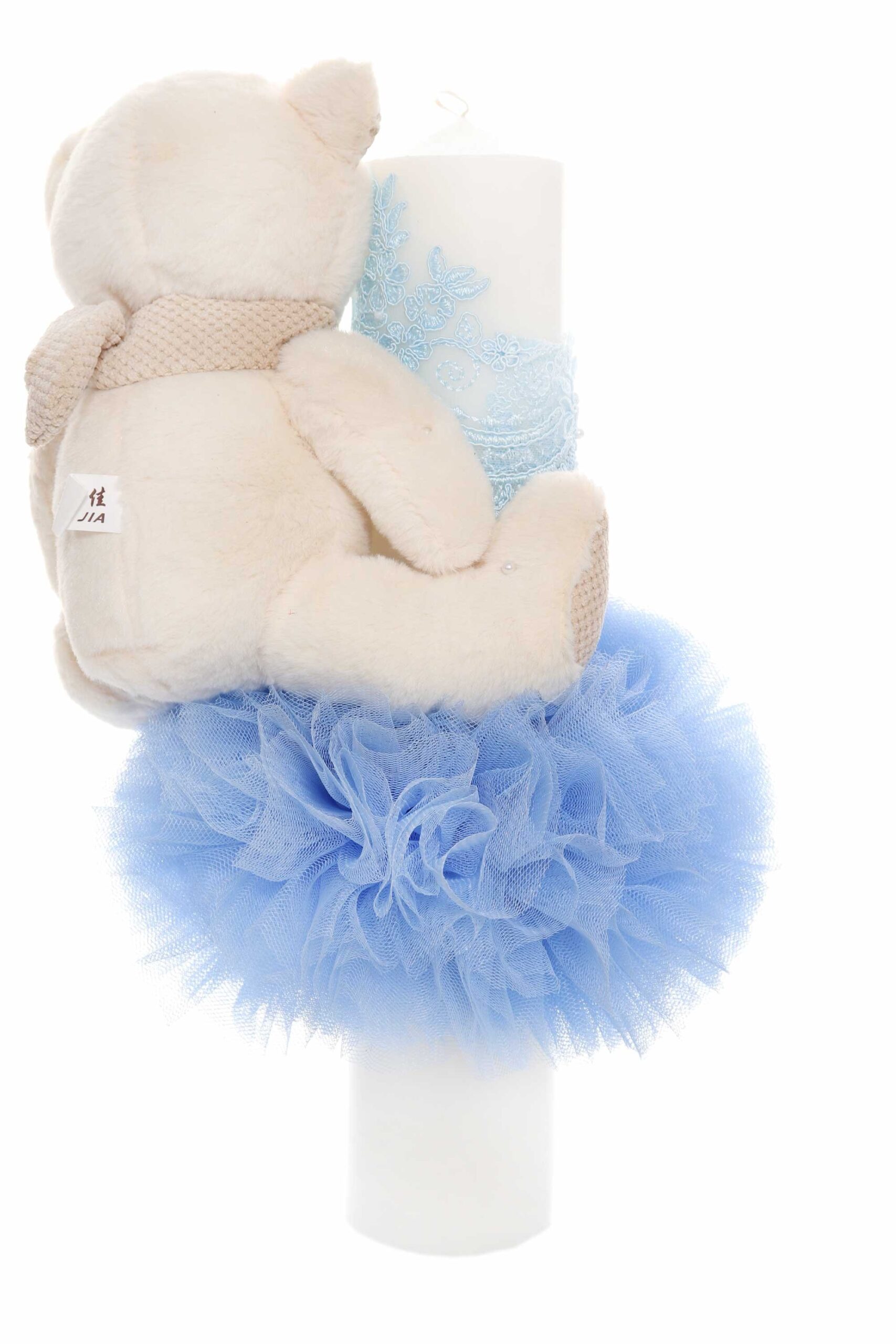 Lumanare botez cu tulle bleu tip glob si cu ursulet de plus atasat, 35x7 cm, Recostore, REC1860