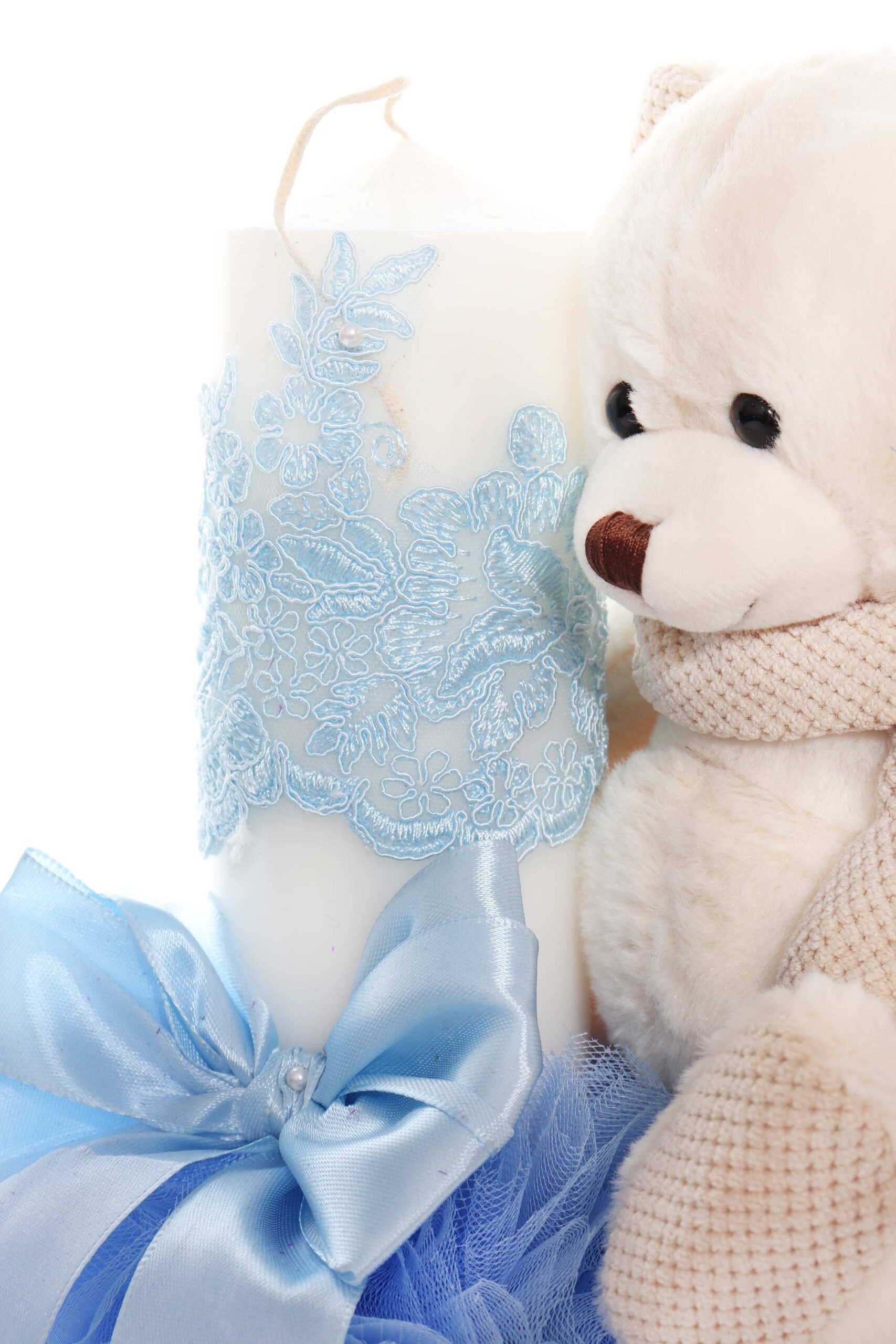 Lumanare botez cu tulle bleu tip glob si cu ursulet de plus atasat, 35x7 cm, Recostore, REC1860