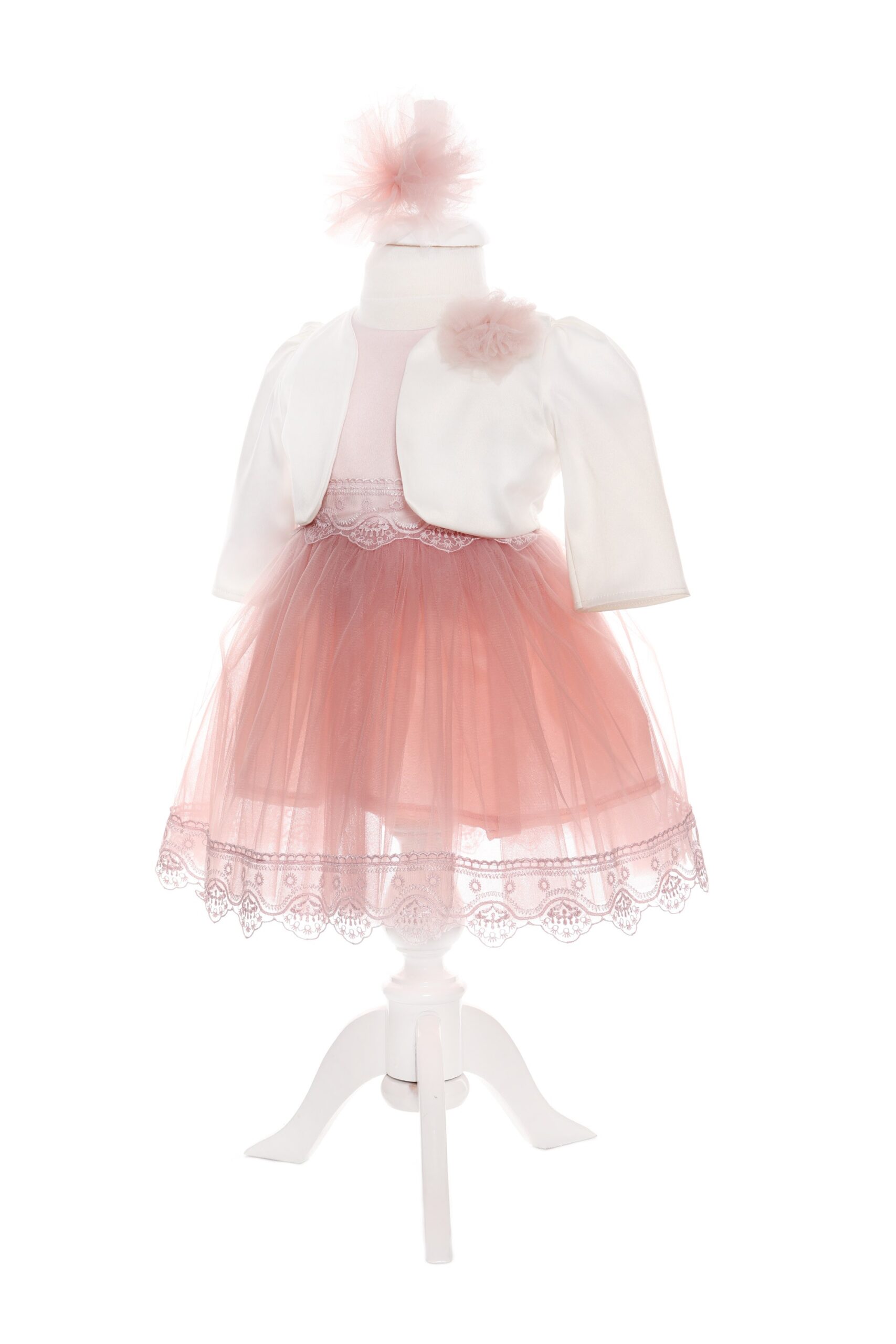 Rochita roz pudrat cu bolero si bentita pentru botez, satin, 3 piese, Recostore, REC1897