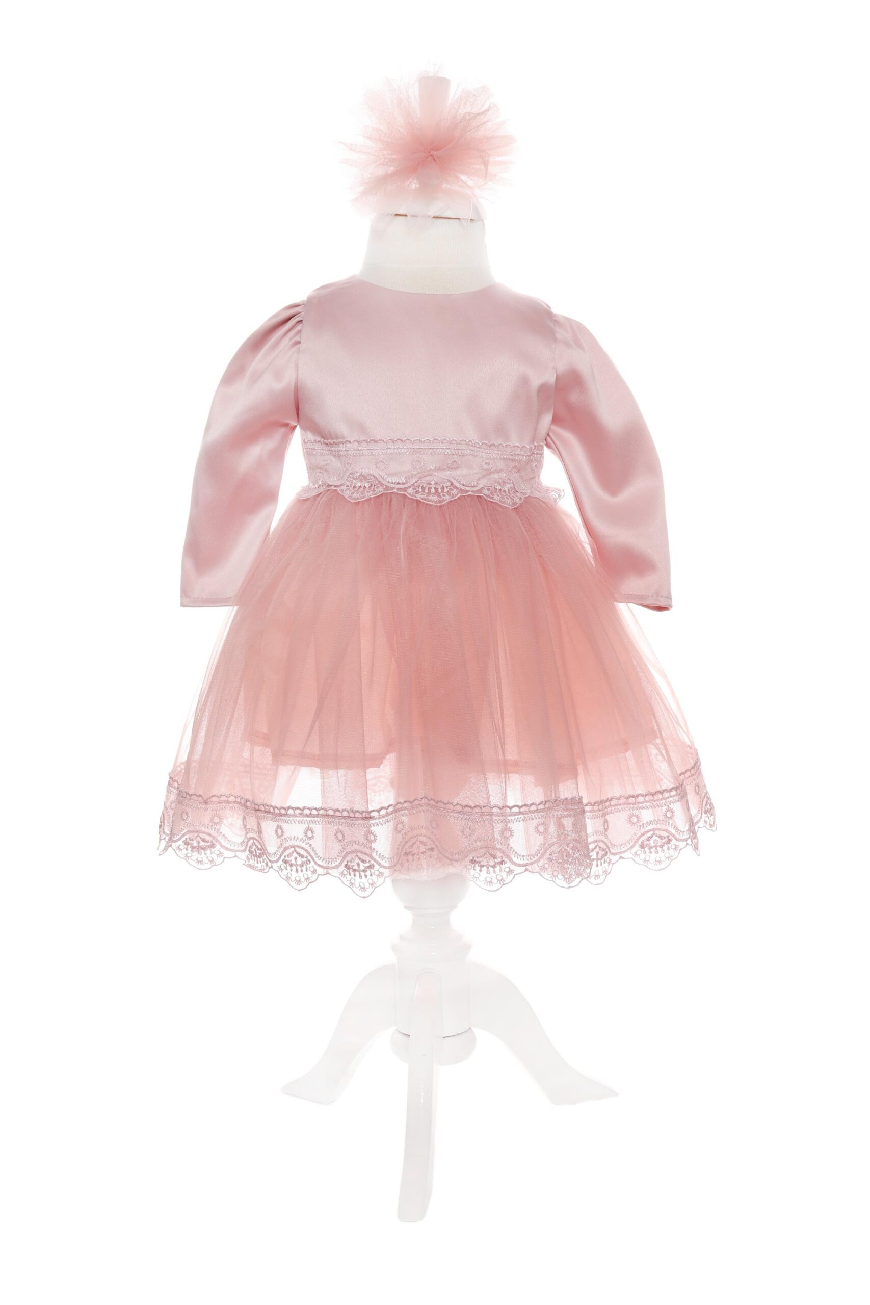 Rochita roz pudrat cu bolero si bentita pentru botez, satin, 3 piese, Recostore, REC1897