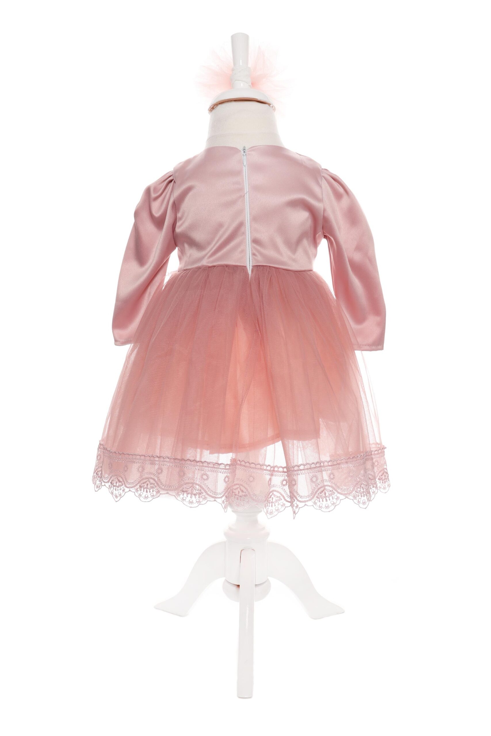 Rochita roz pudrat cu bolero si bentita pentru botez, satin, 3 piese, Recostore, REC1897