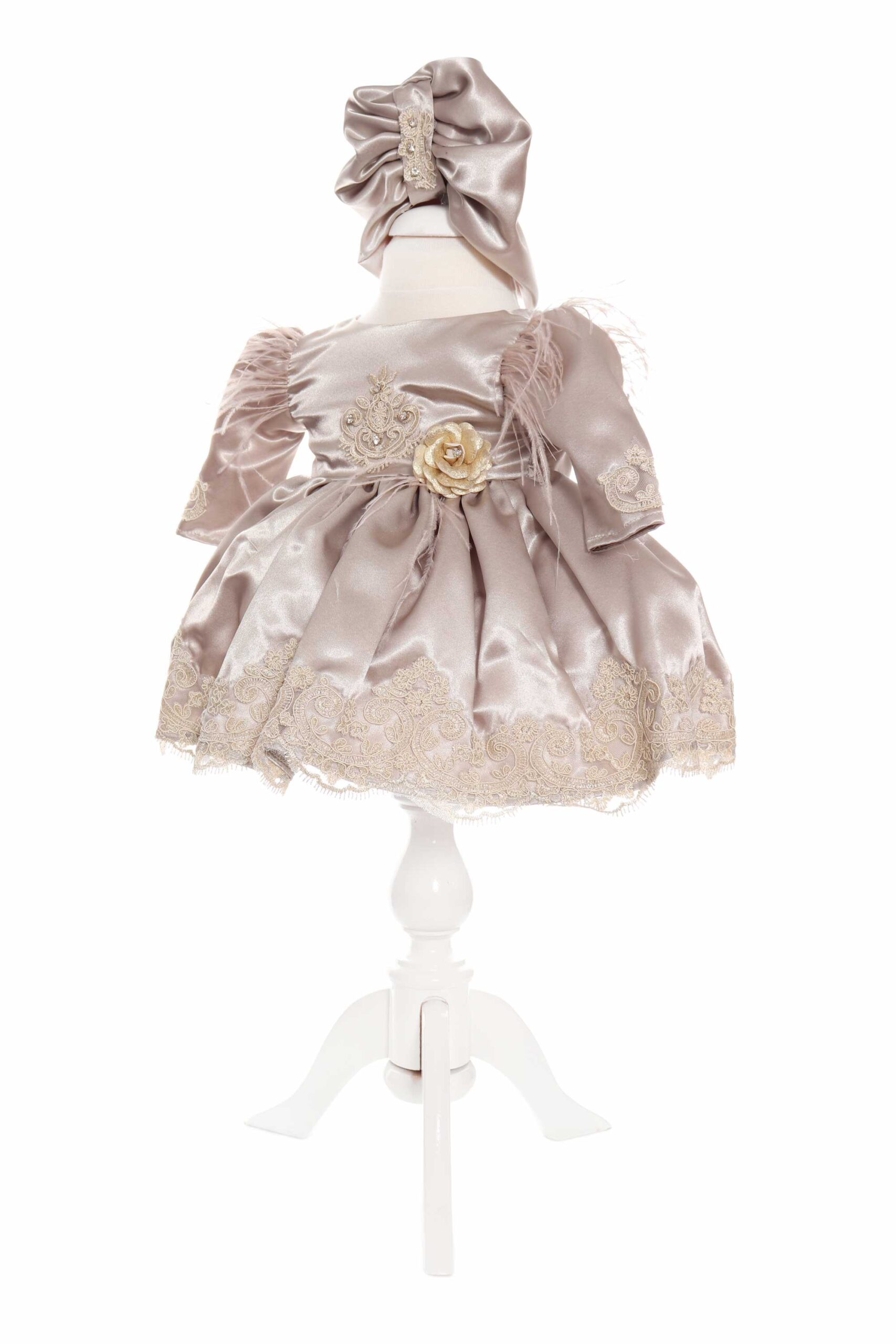 Rochie crem cu broderie pentru botez, 2 piese, rochie, turban, RECREC1898