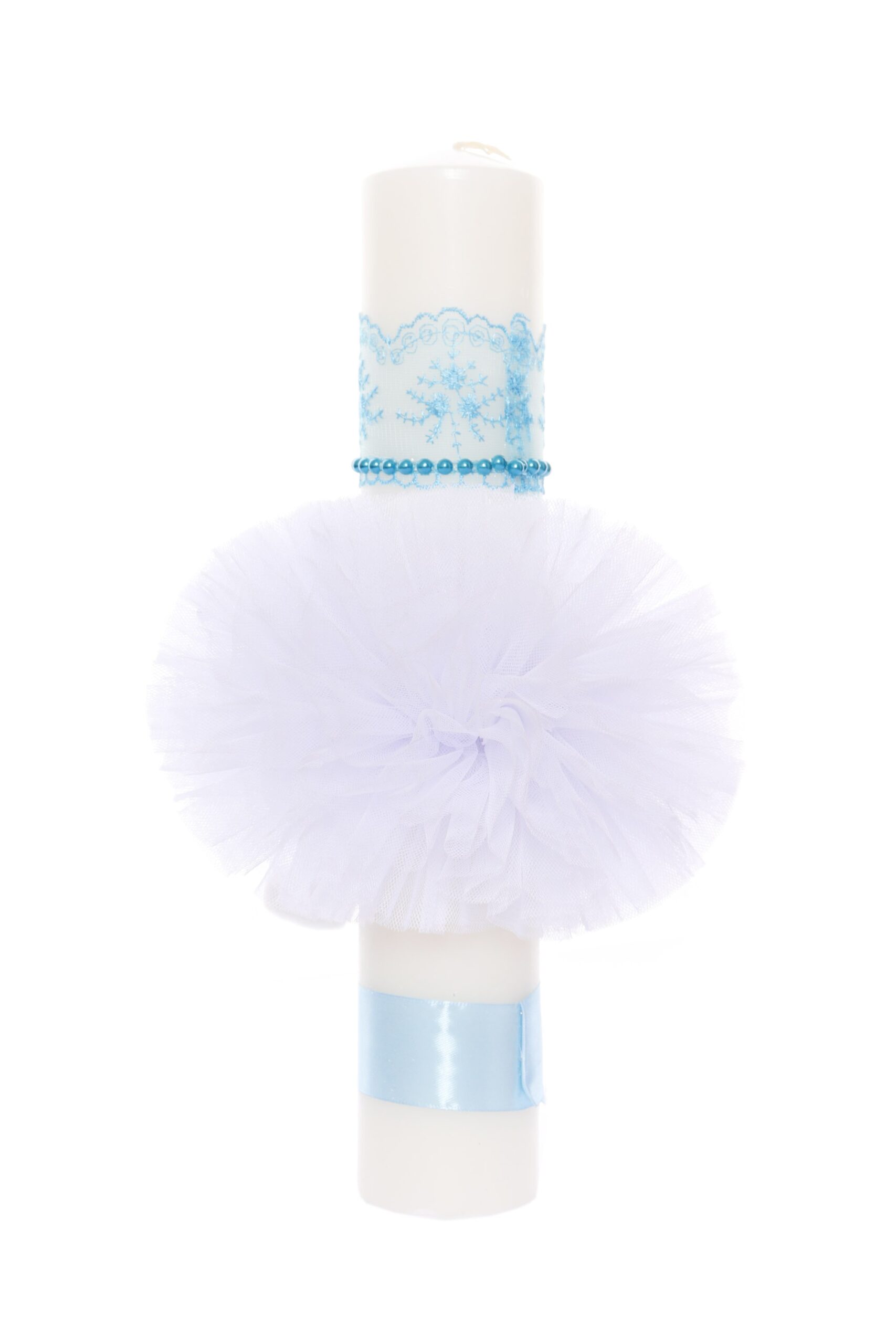 Lumanare botez cu Strumf, tulle alb tip glob, 40x7 cm, Recostore, REC1925