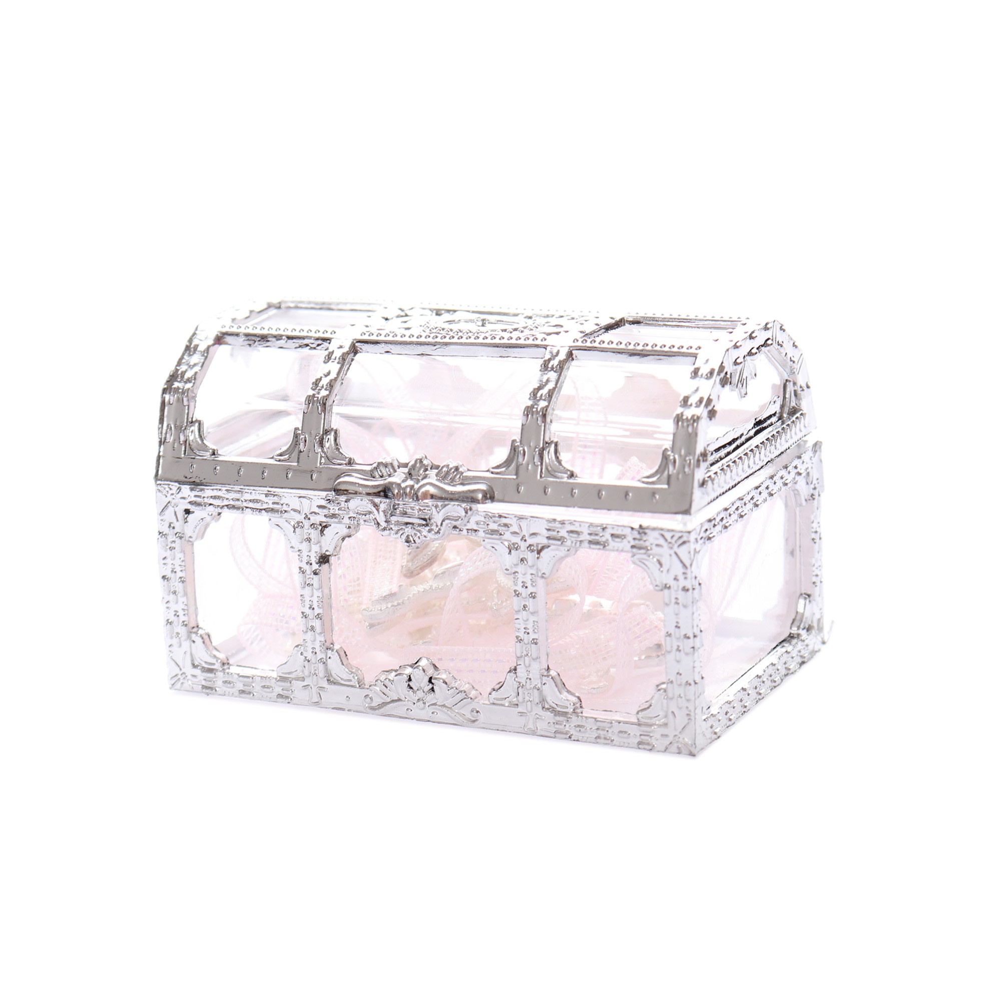 Set 10 marturii, cruciulite biserica din metal cu bolduri si cufar, funda roz deschis, REC1968/31