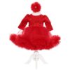 Set complet pentru botez de fetite, rosu, lumanare, trusou brodat, rochita si pantofiori, 11 piese, REC1985