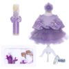 Set complet pentru botez de fetite, LIla, lumanare cu ingeras, trusou brodat cu ingeras, rochita si pantofiori, 11 piese, REC1986