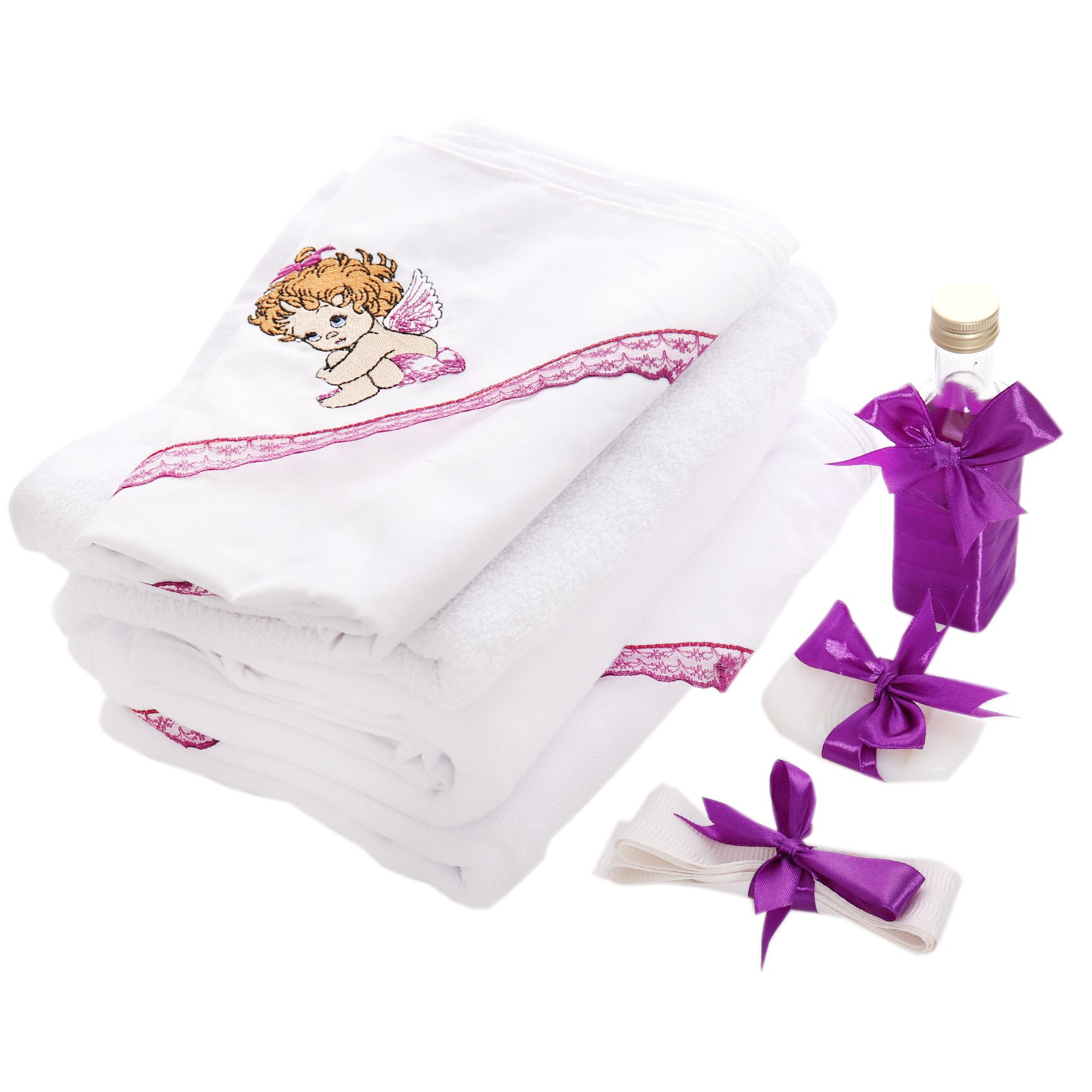 Set complet pentru botez de fetite, LIla, lumana, trusou, rochita si pantofiori, 11 piese, REC1986
