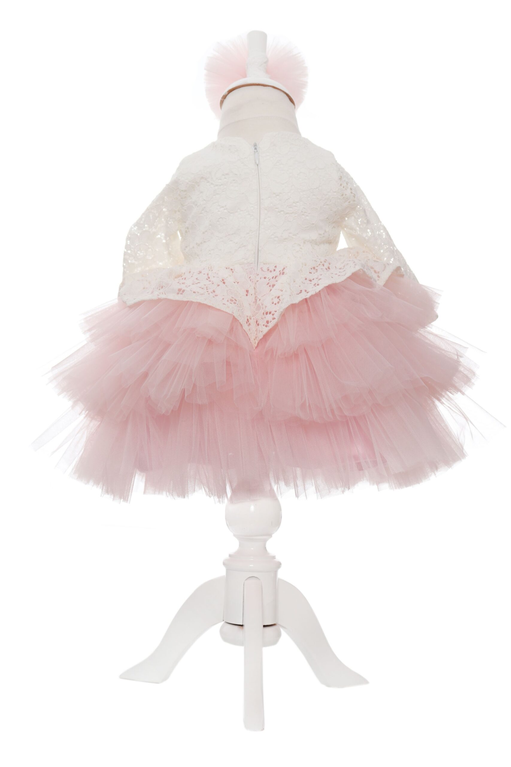 Rochie roz alb din dantela pentru botez de fete, 2 piese, rochie, bentita, Recostore, REC2023