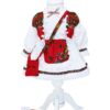 Costum popular alb-rosu pentru botez, 5 piese, bluza, fusta cu fota aplicata, vesta, traistuta, batic pentru fetite, REC1180 - imagine 2