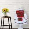 Costum popular alb-rosu pentru botez, 5 piese, bluza, fusta cu fota aplicata, vesta, traistuta, batic pentru fetite, REC1180 - imagine 8