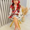 Costum popular alb-rosu pentru botez, 5 piese, bluza, fusta cu fota aplicata, vesta, traistuta, batic pentru fetite, REC1180