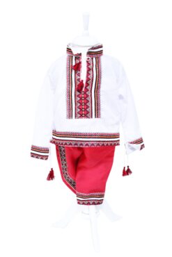 Costum popular alb-rosu, 2 piese, bluza, pantaloni, pentru baieti, REC18