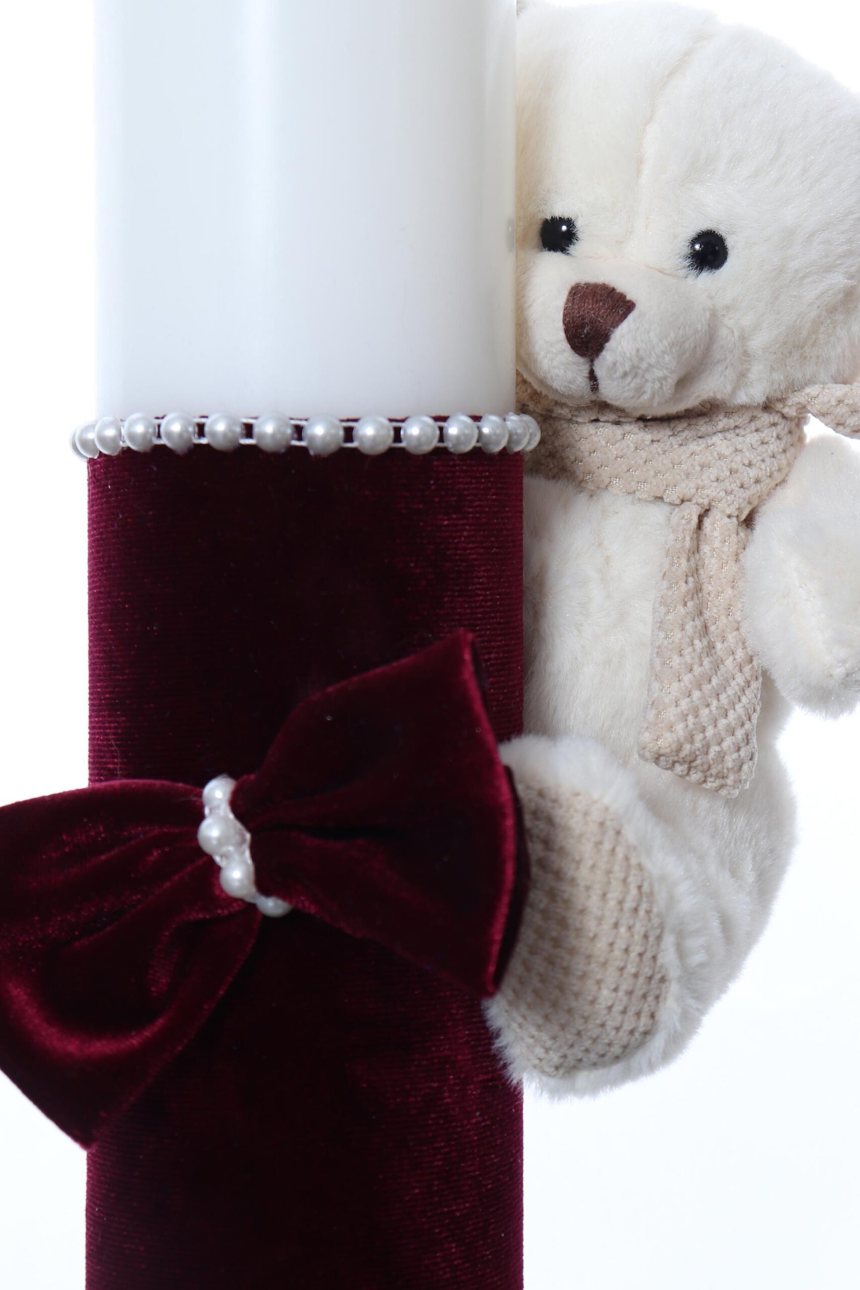 Lumanare botez accesorizata cu catifea visiniu si ursulet de plus, 28 cm, Recostore®, REC2165