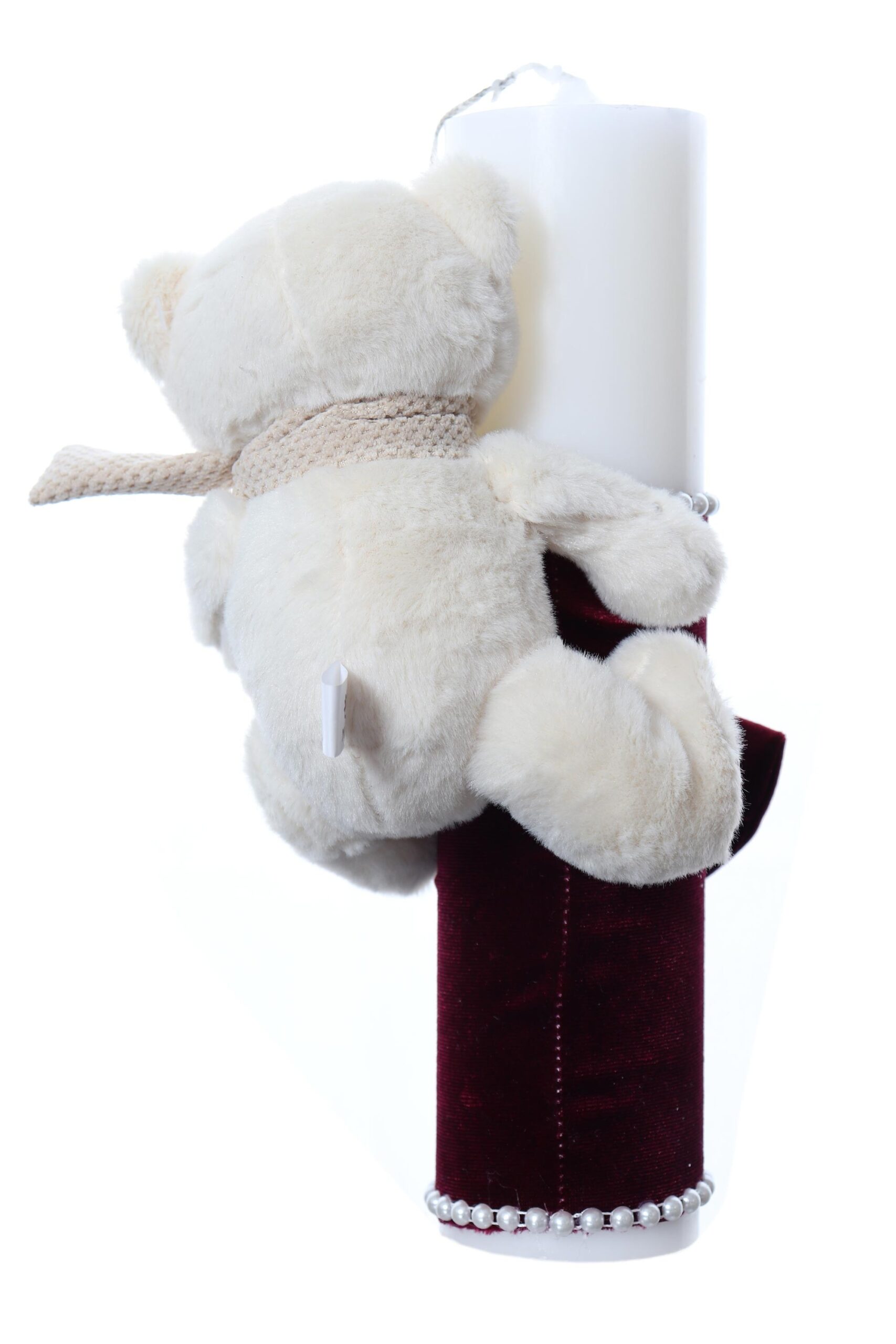 Lumanare botez accesorizata cu catifea visiniu si ursulet de plus, 28 cm, Recostore®, REC2165