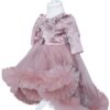 Rochie roz pudrat cu trena si aplicatii decorative pentru botez, 2 piese, rochie, bentita, REC824