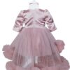 Rochie roz pudrat cu trena si aplicatii decorative pentru botez, 2 piese, rochie, bentita, REC824