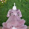 Rochie roz pudrat cu trena si aplicatii decorative pentru botez, 2 piese, rochie, bentita, REC824