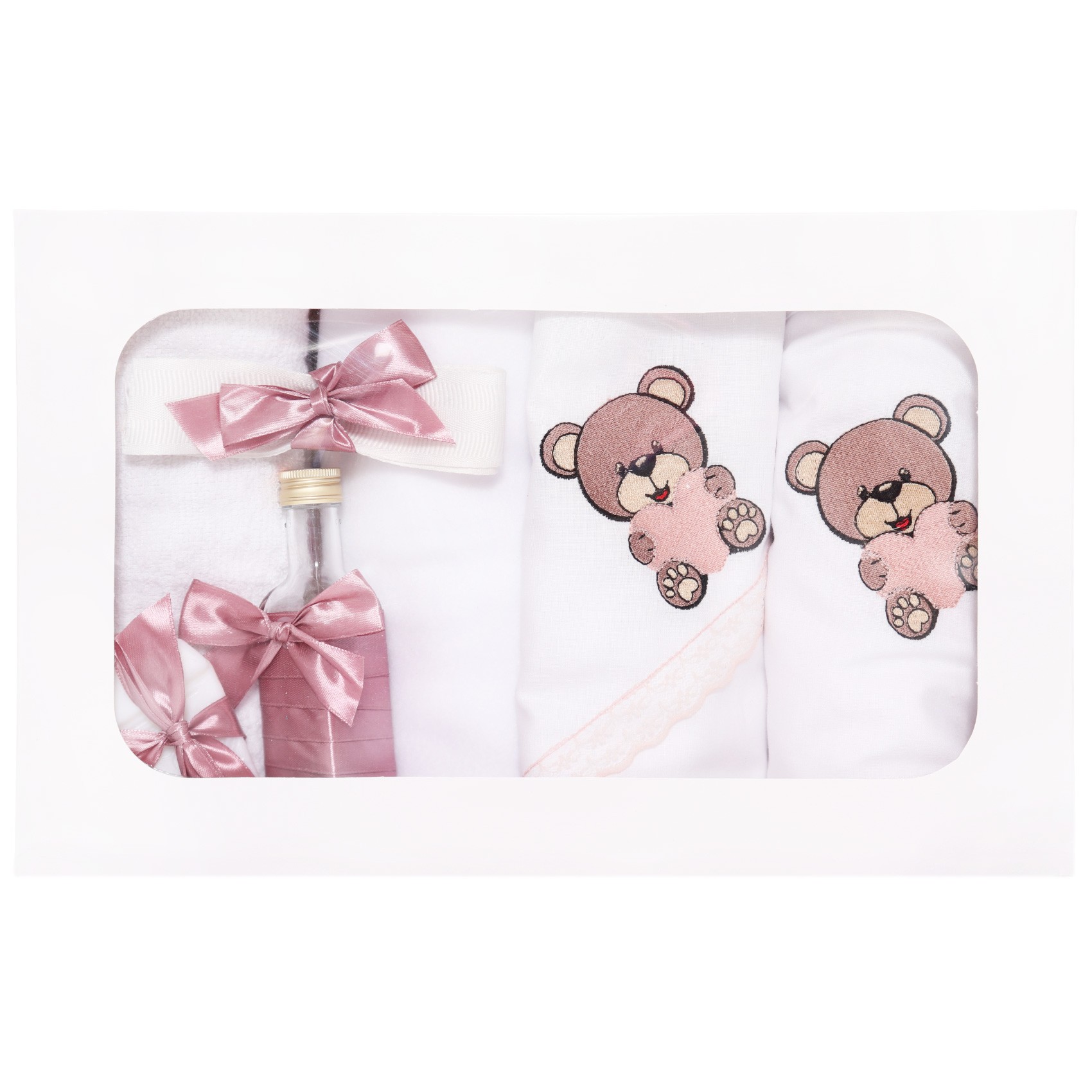 Set complet pentru botez de fete compus din lumanare cu ursulet, trusou brodat, REC2247