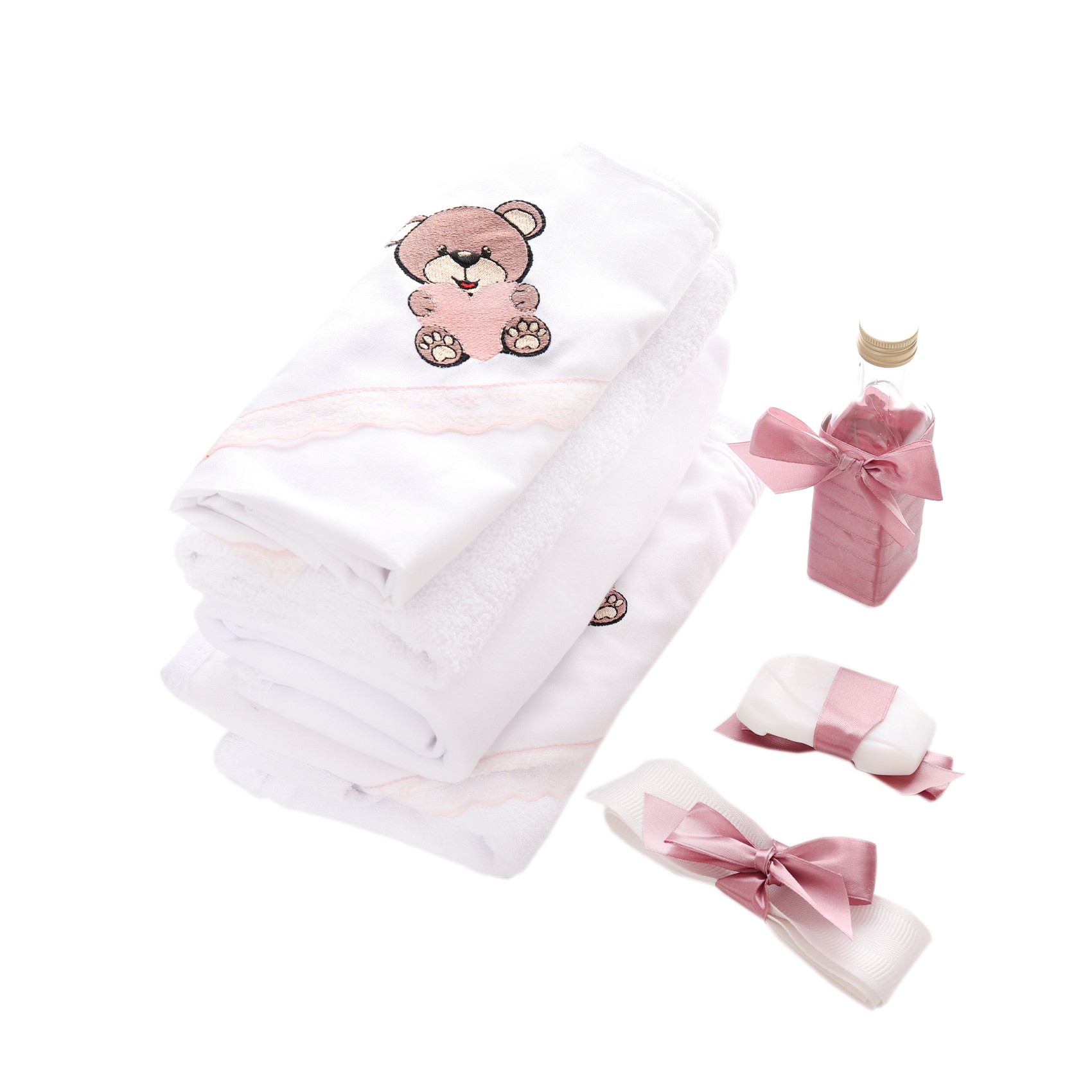 Set complet pentru botez de fete compus din lumanare cu ursulet, trusou brodat, REC2247