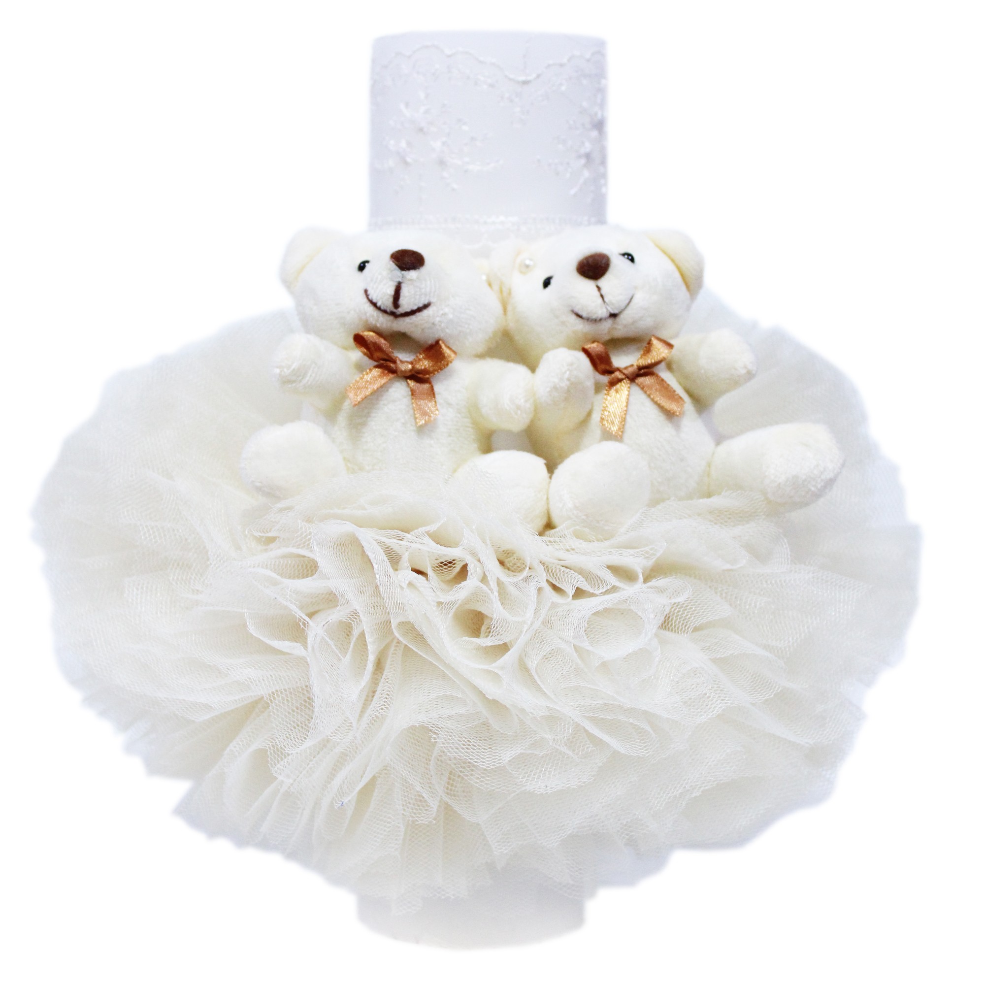Set complet pentru botez de fete compus din lumanare cu ursulet, trusou rochita ivoire cu volanas REC2248