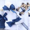 Trusou bleumarin cu ursulet pentru botez de baieti, costum, lumanare cu jucarie de plus, trusou brodat si pantofiori, REC2297