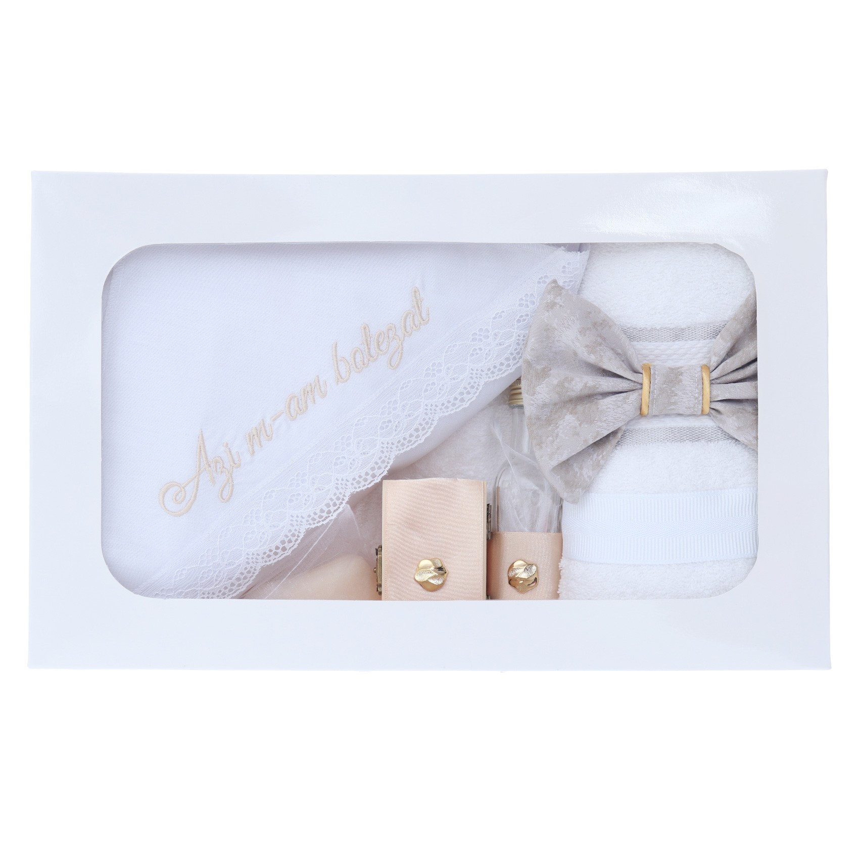 Trusou Micul Printisor pentru botez de baieti, costum crem, lumanare cu papion, trusou brodat "Azi m-am crestinat", REC2299