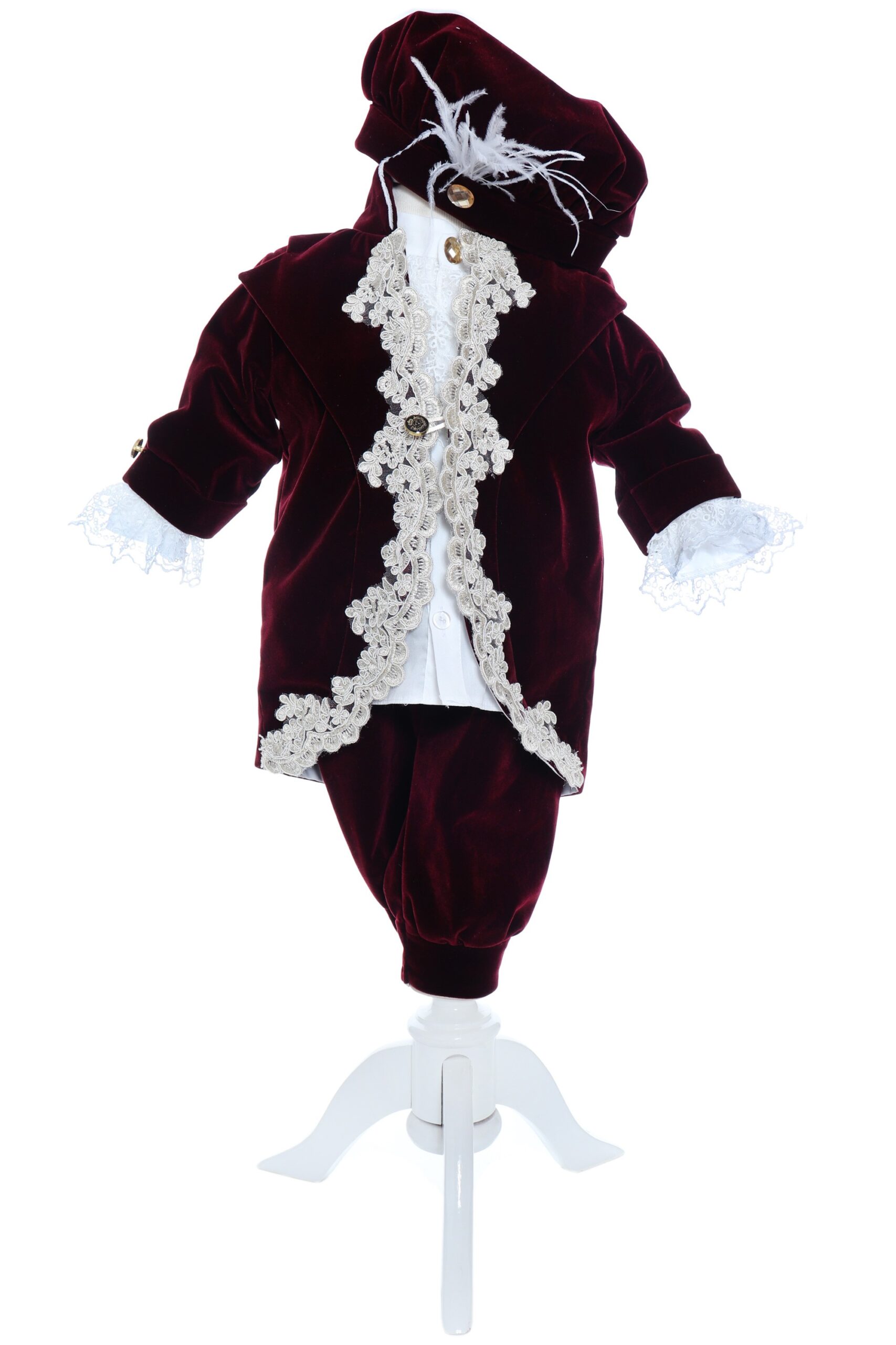 Trusou Micul Printisor pentru botez de baieti, costum visiniu, lumanare cu papion, trusou brodat cu coroana, REC2300