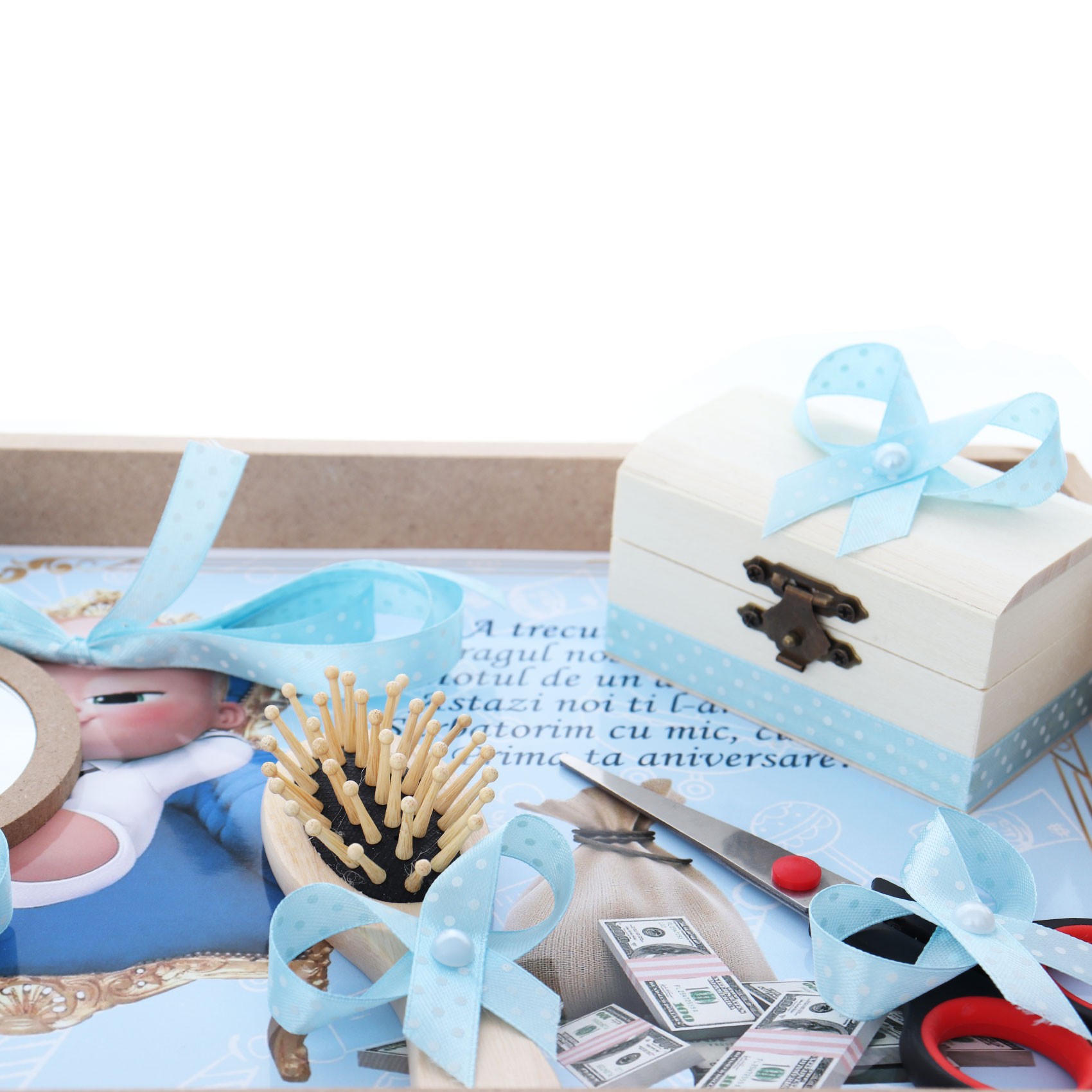 Set tava pentru taiere mot la baieti, model cu Bebe Boss, bleu, 6 piese, 35x20 cm, Recostore®, REC1967/139