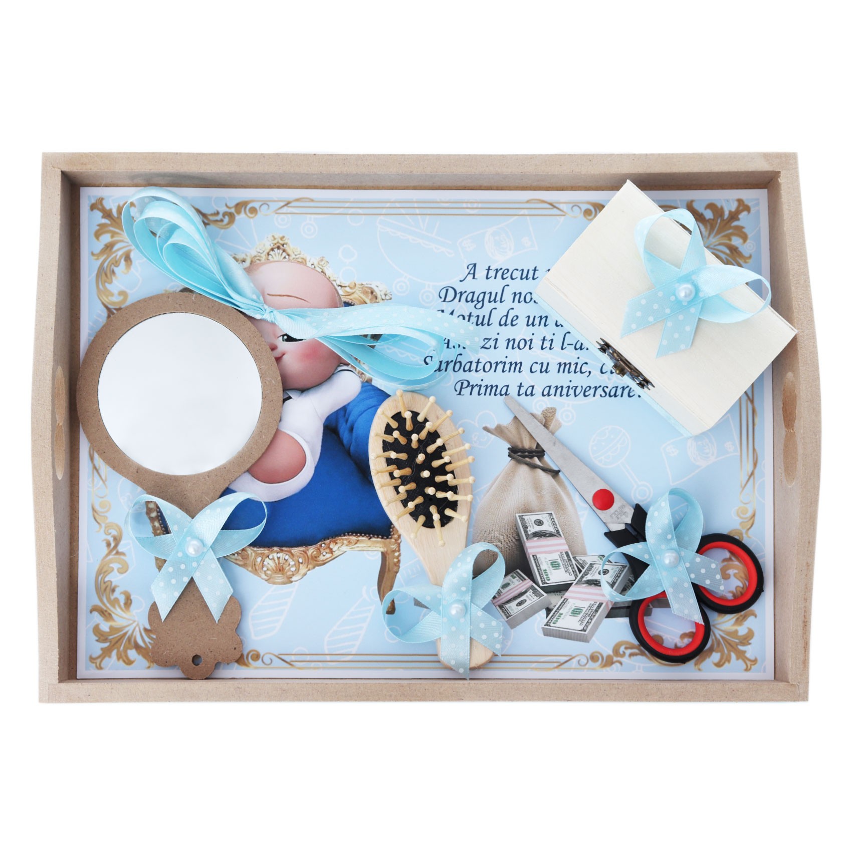 Set tava pentru taiere mot la baieti, model cu Bebe Boss, bleu, 6 piese, 35x20 cm, Recostore®, REC1967/139