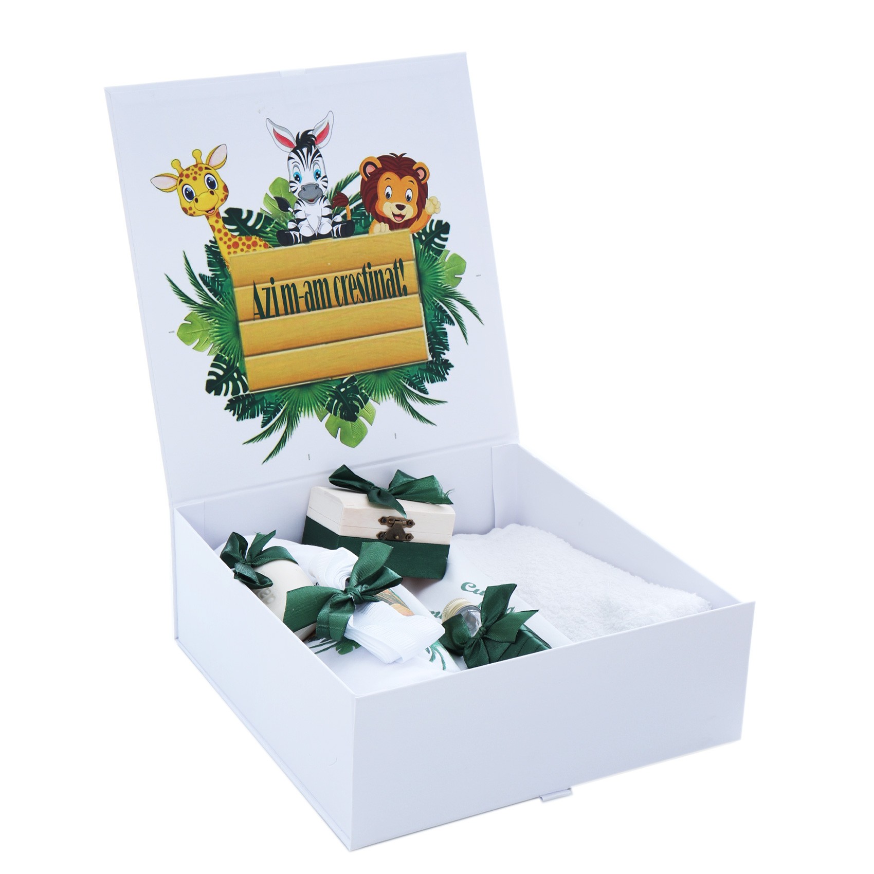 Set cutie trusou cu lumanare, 9 piese, Safari "Azi m-am crestinat!", verde inchis, Recostore®, REC2414